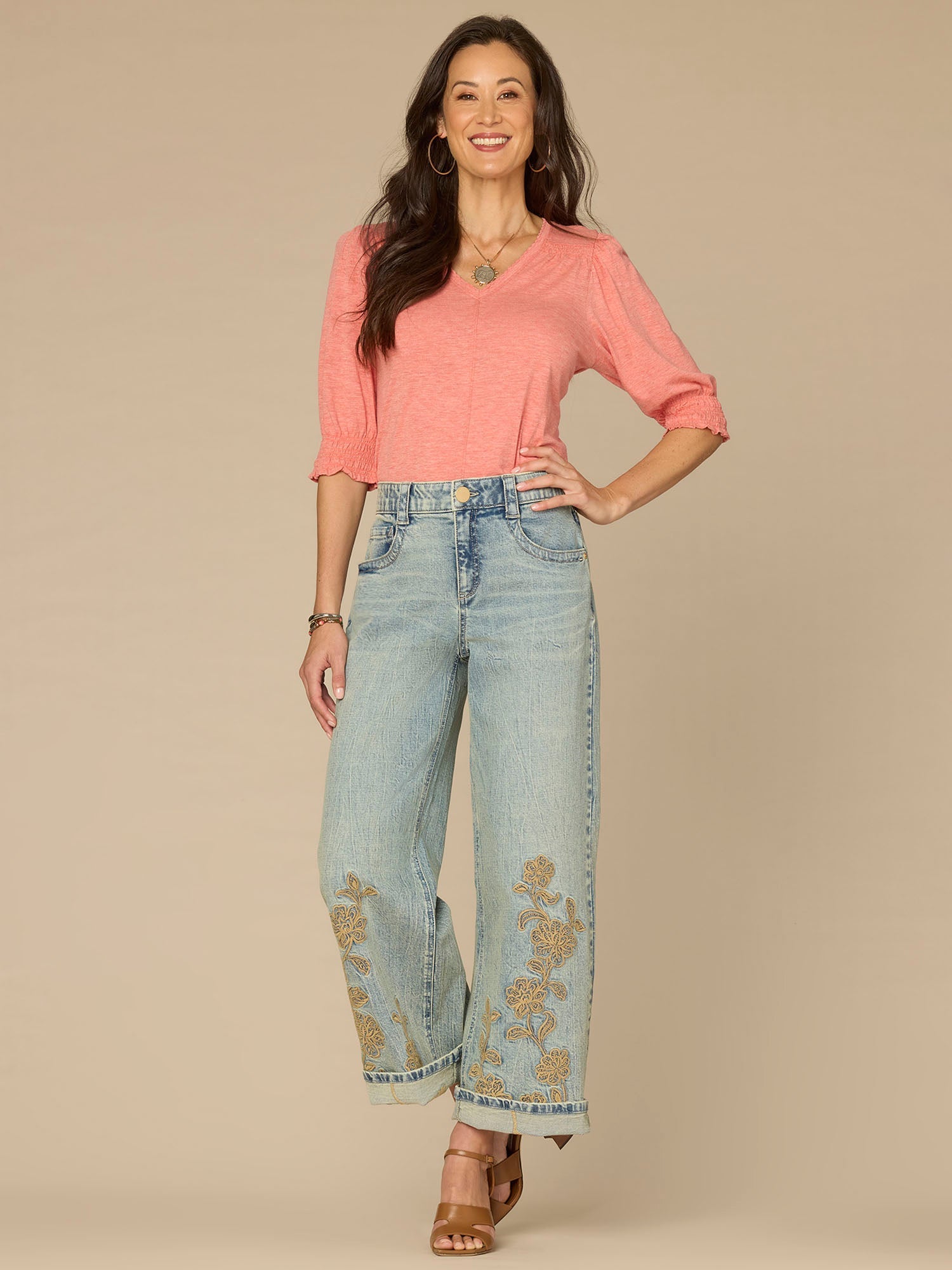 Elbow Blouson Sleeve Scallop V-Neck Smocked Petite Knit Top