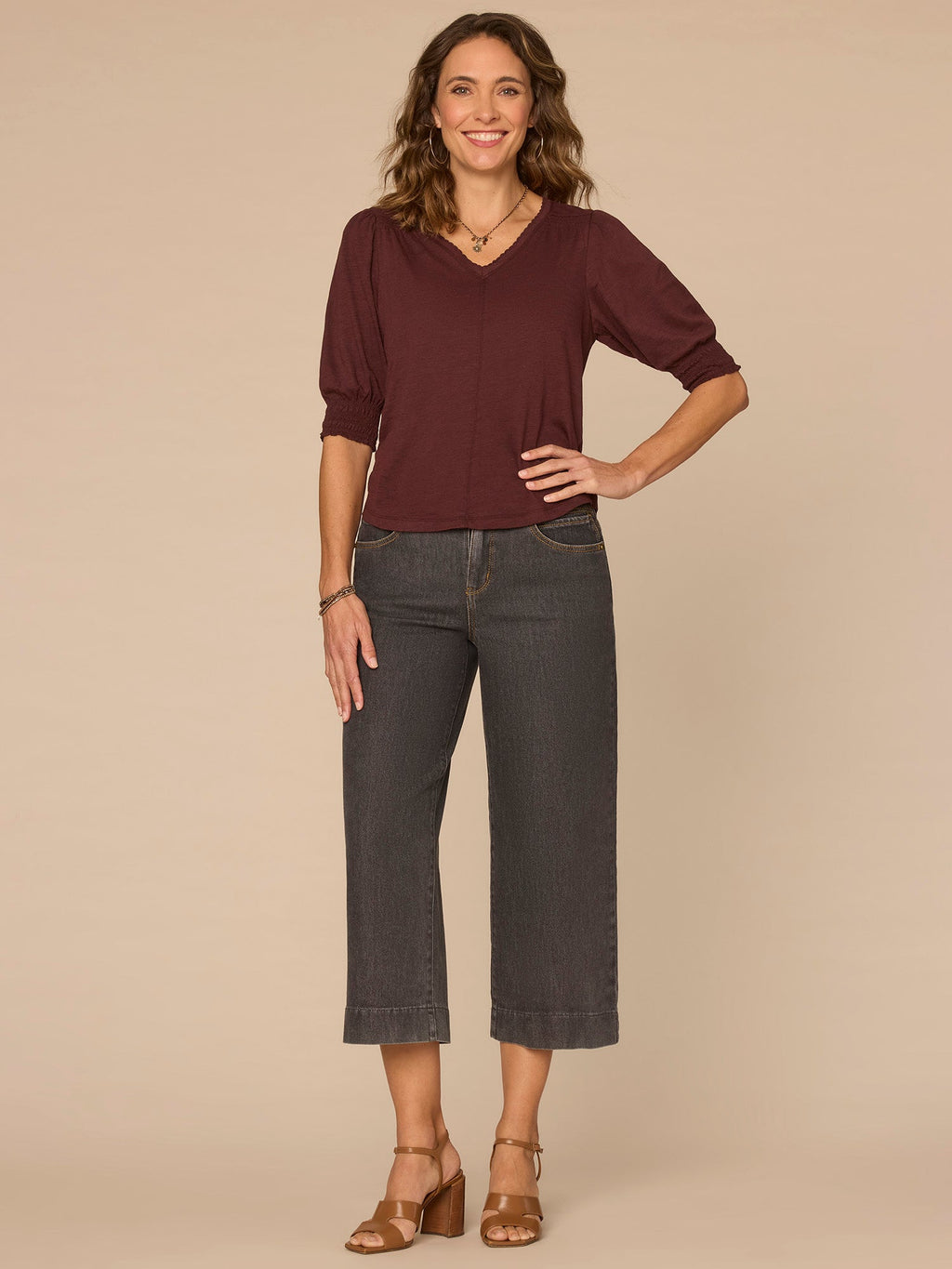Elbow Blouson Sleeve Scallop V-Neck Smocked Knit Top