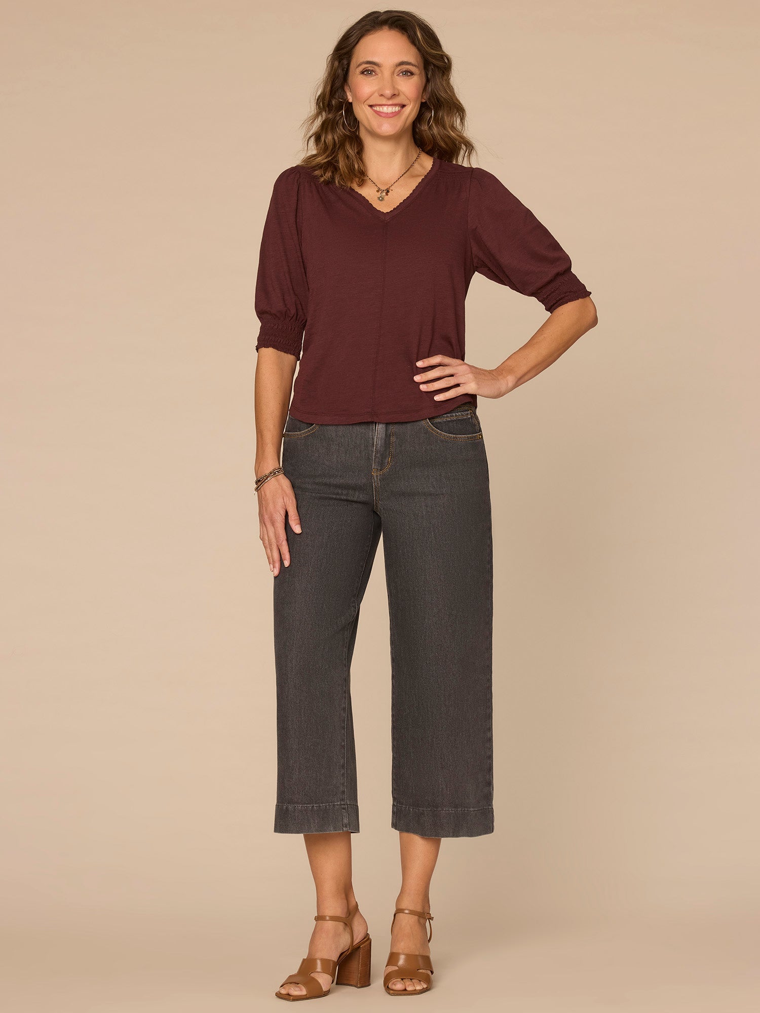 Elbow Blouson Sleeve Scallop V-Neck Smocked Knit Top