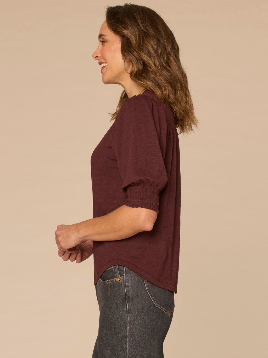 Elbow Blouson Sleeve Scallop V-Neck Smocked Knit Top
