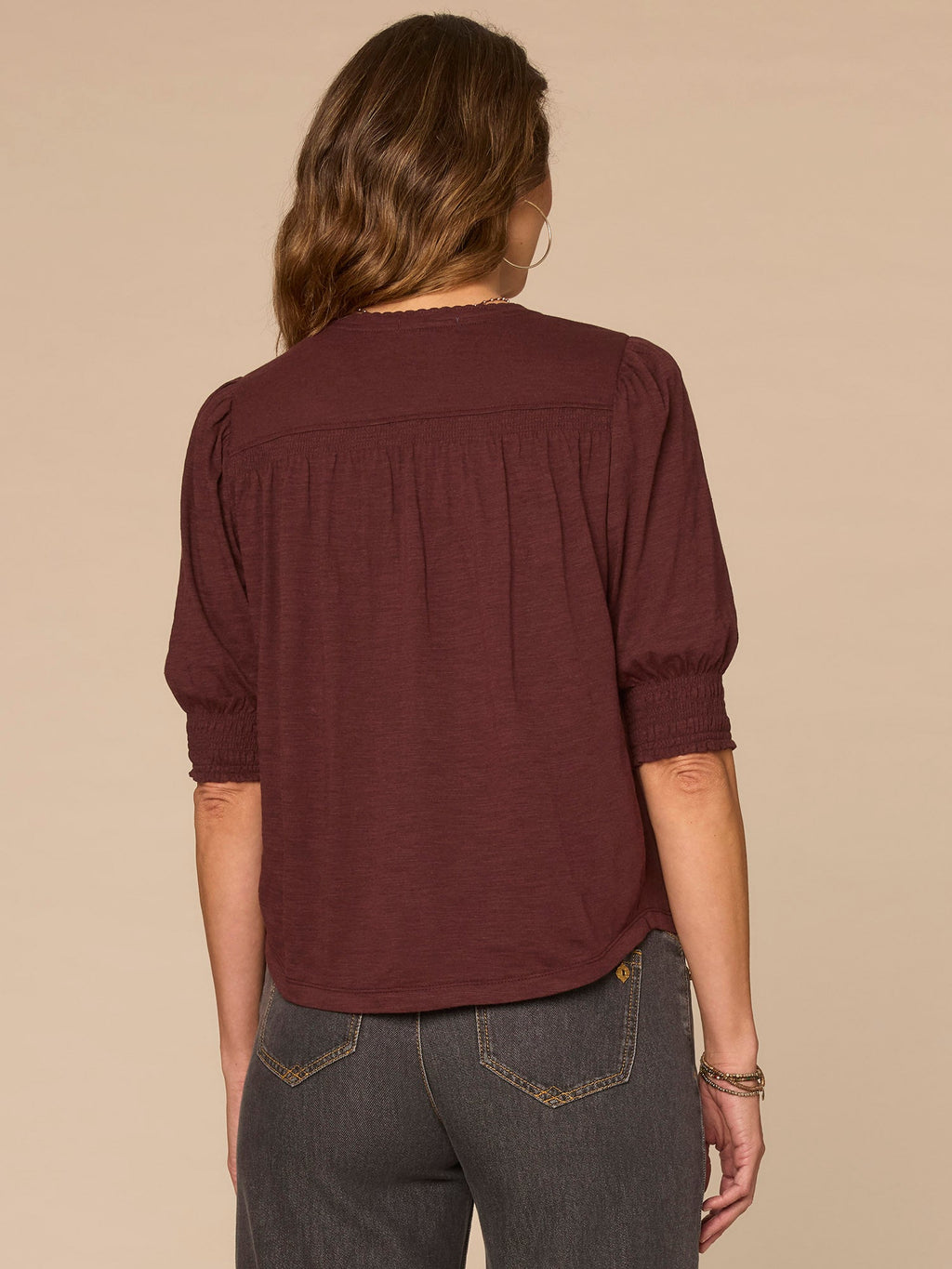 Elbow Blouson Sleeve Scallop V-Neck Smocked Knit Top