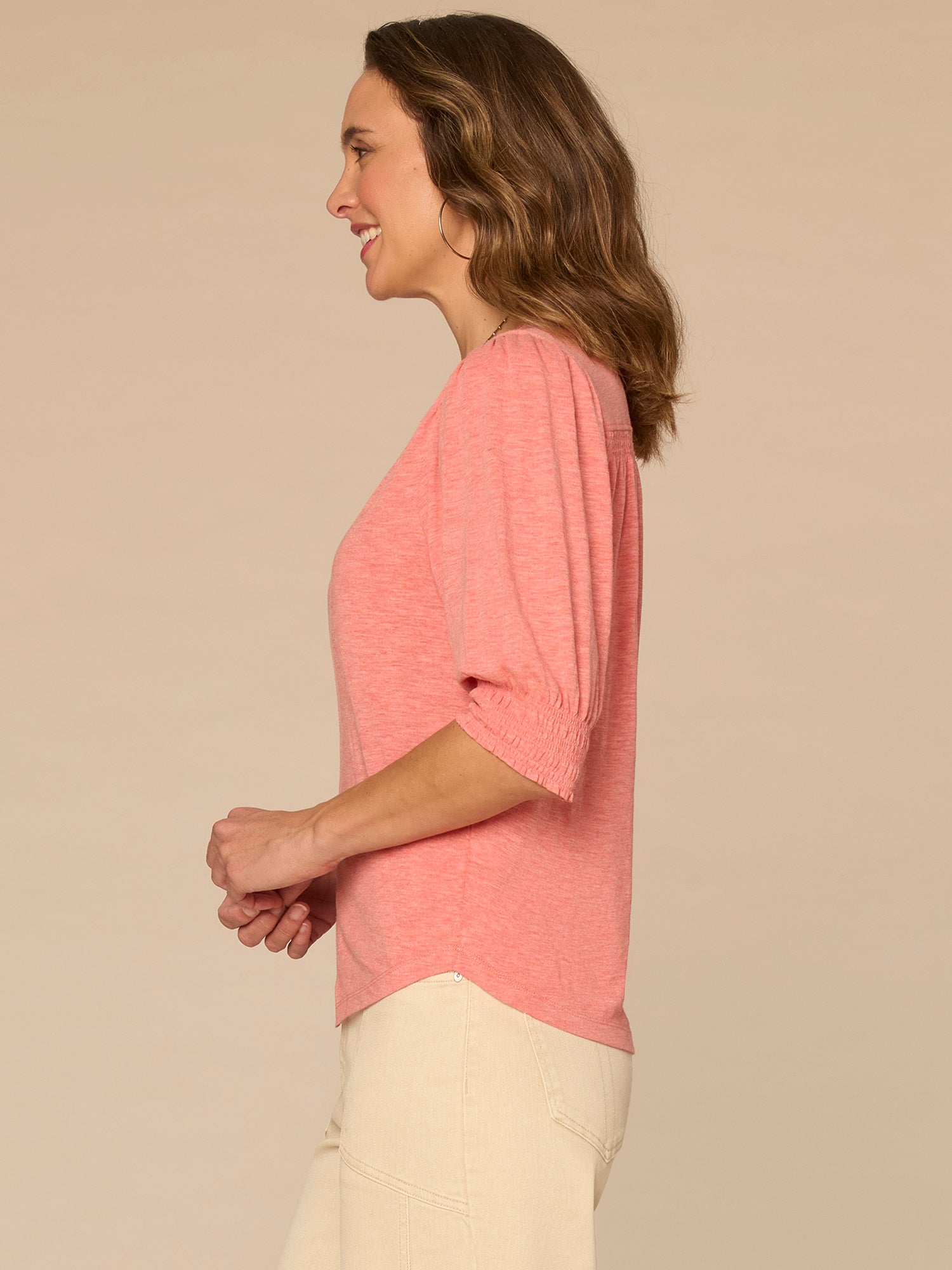 Elbow Blouson Sleeve Scallop V-Neck Smocked Knit Top