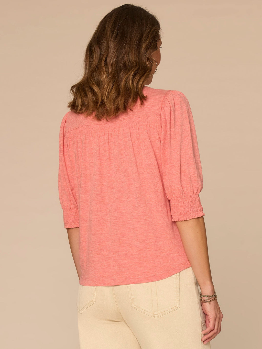 Elbow Blouson Sleeve Scallop V-Neck Smocked Knit Top