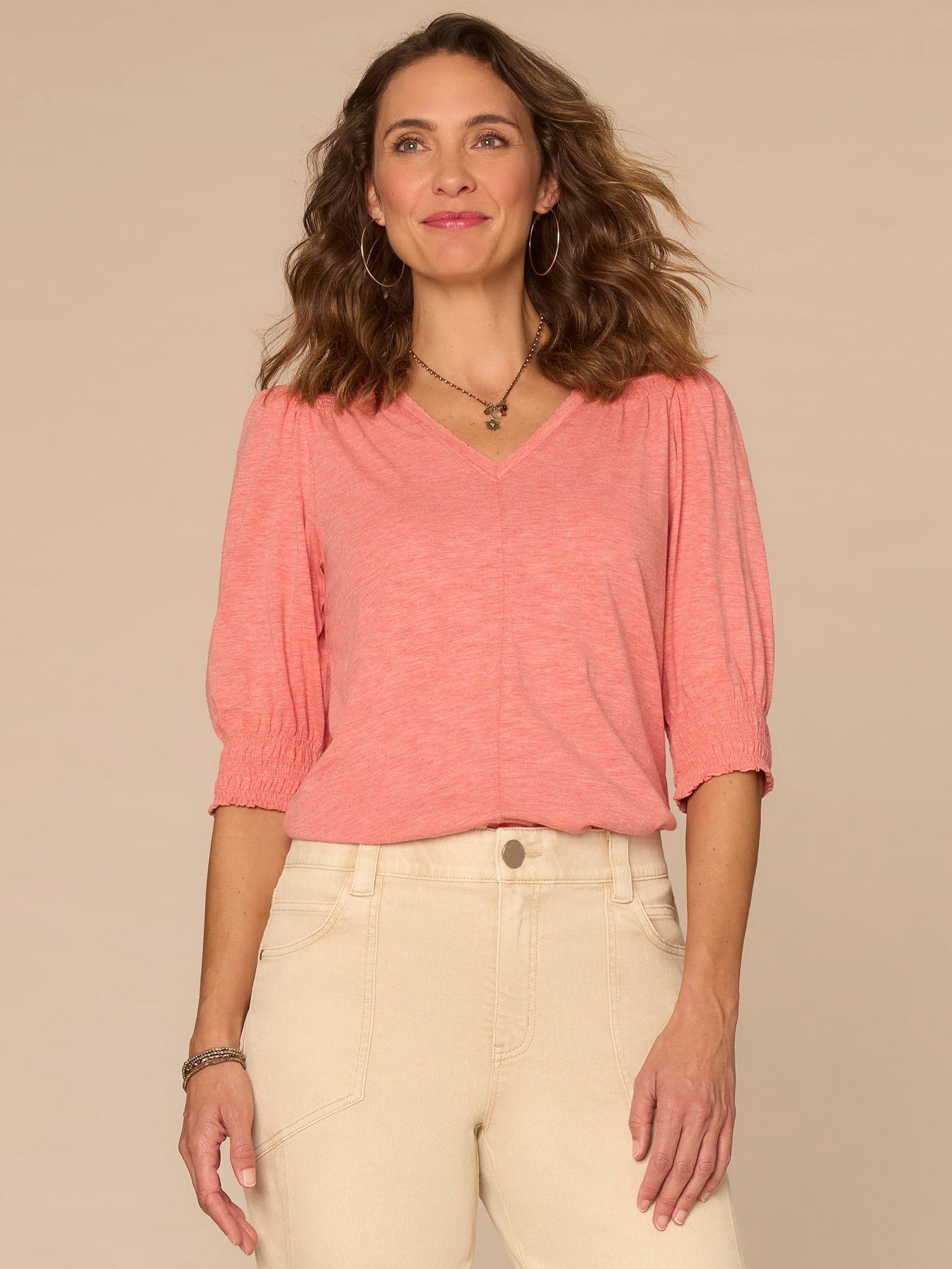 Elbow Blouson Sleeve Scallop V-Neck Smocked Knit Top