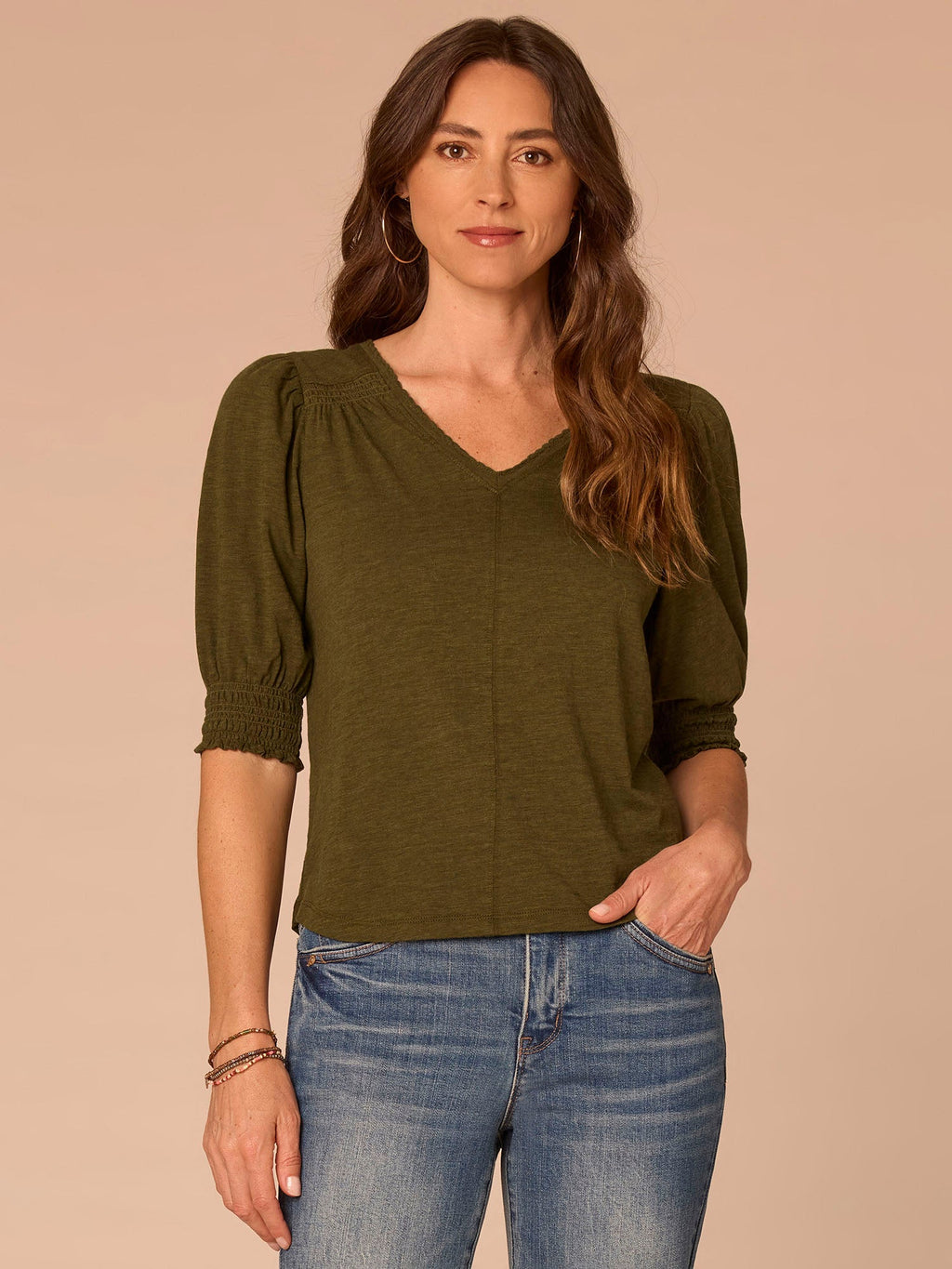 Elbow Blouson Sleeve Scallop V-Neck Smocked Knit Top