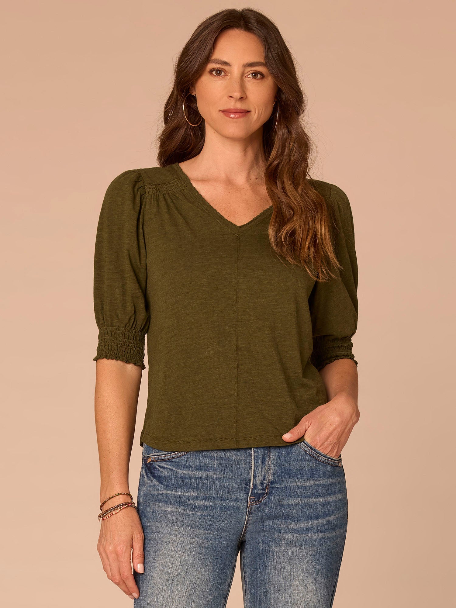Elbow Blouson Sleeve Scallop V-Neck Smocked Knit Top