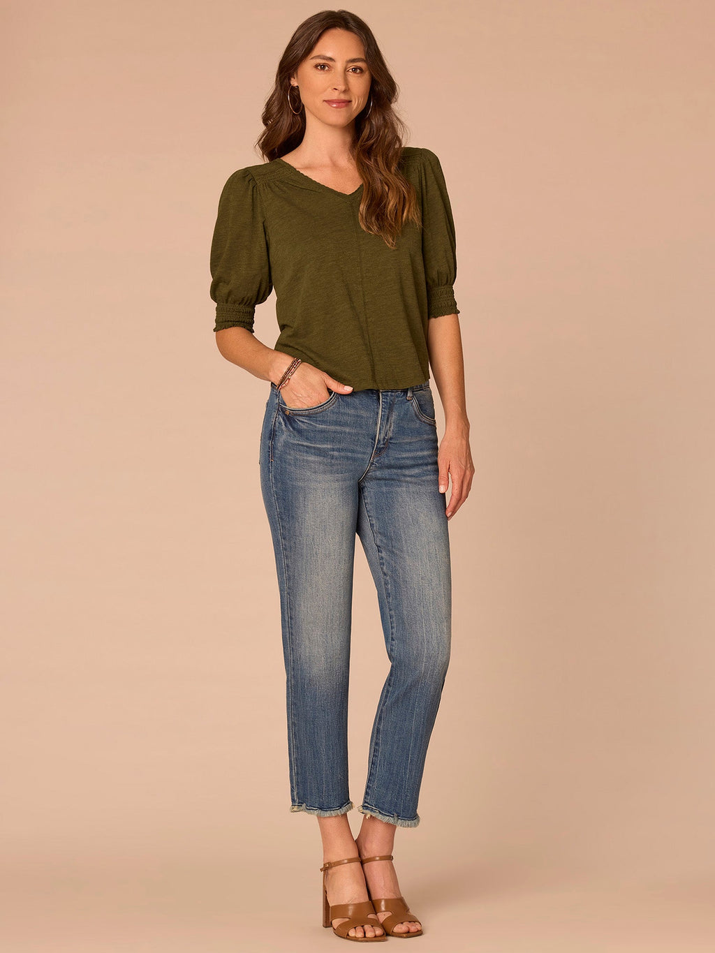 Elbow Blouson Sleeve Scallop V-Neck Smocked Knit Top