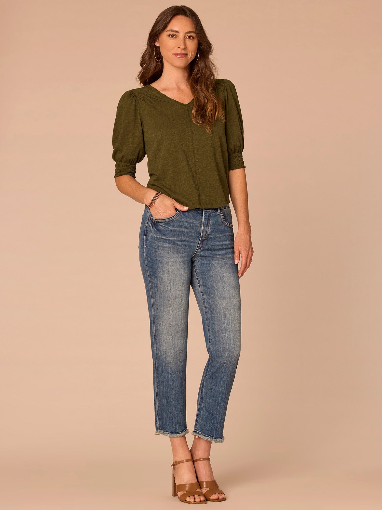 Elbow Blouson Sleeve Scallop V-Neck Smocked Knit Top