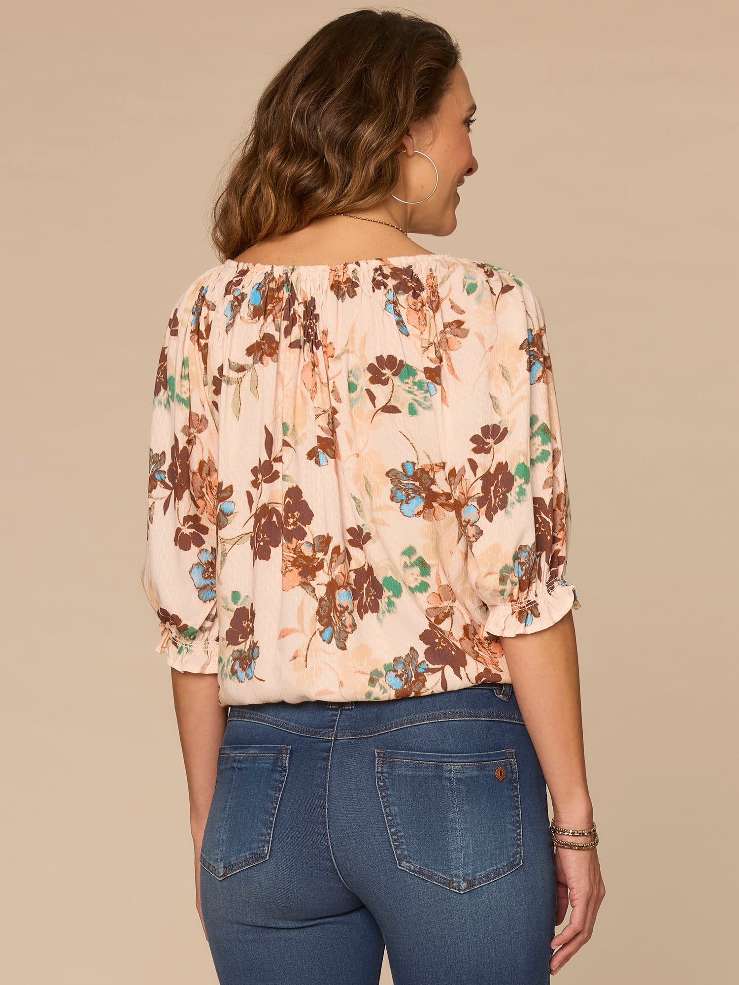 Elbow Blouson Sleeve Scoop Neck Bubble Hem Floral Print Woven Top