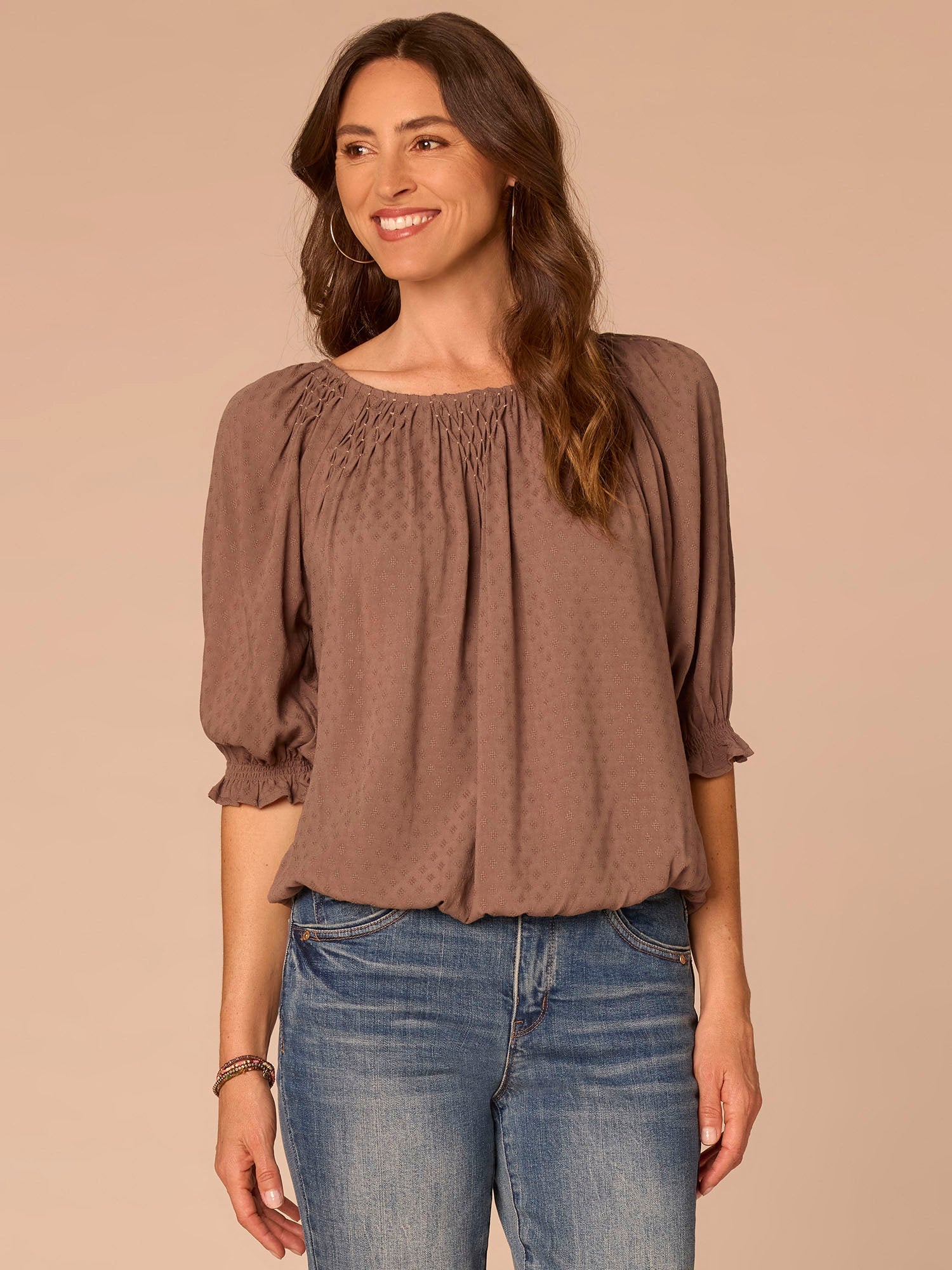 Elbow Blouson Sleeve Scoop Neck Bubble Hem Woven Top with Smocking