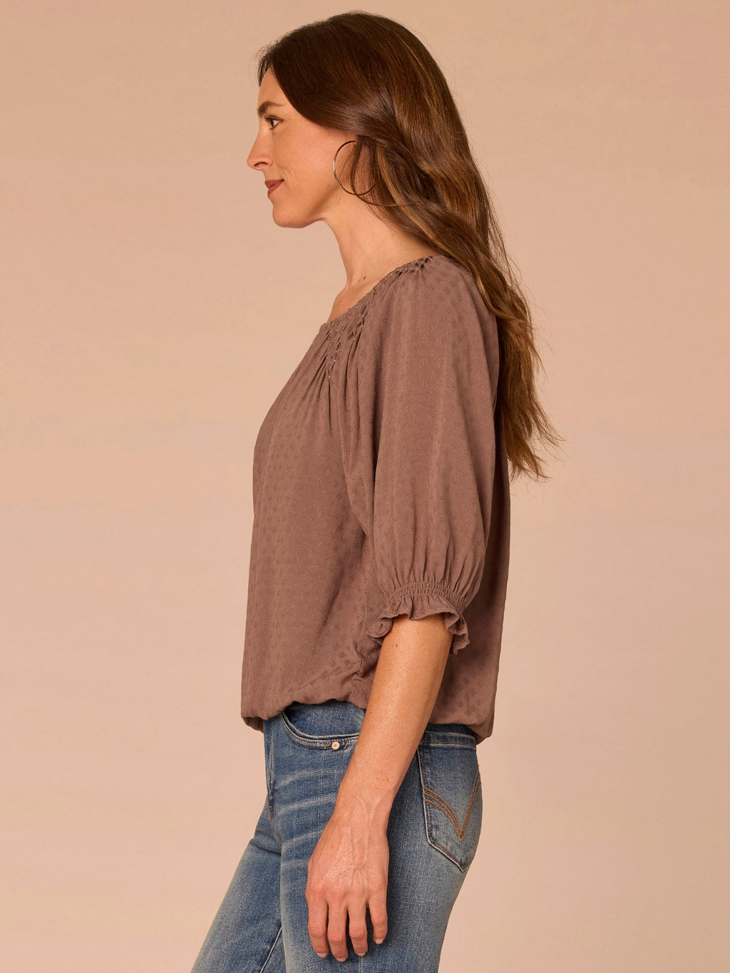 Elbow Blouson Sleeve Scoop Neck Bubble Hem Smocked Petite Woven Top