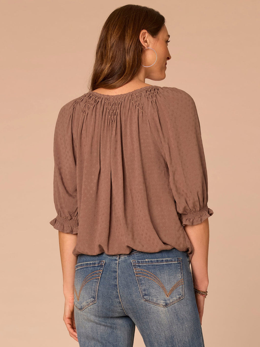 Elbow Blouson Sleeve Scoop Neck Bubble Hem Woven Top with Smocking