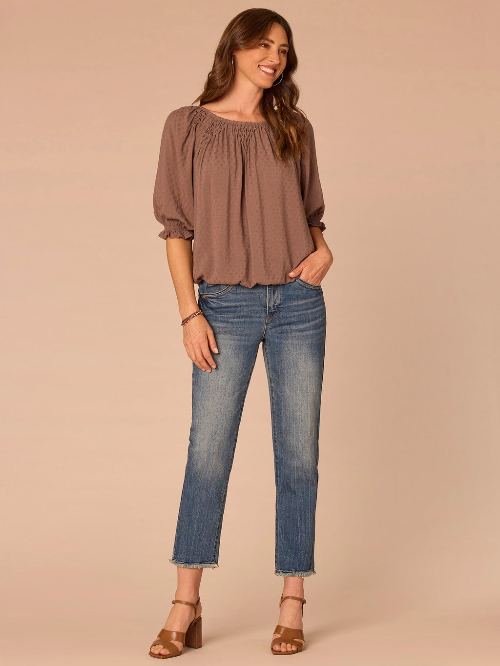 Elbow Blouson Sleeve Scoop Neck Bubble Hem Woven Top with Smocking