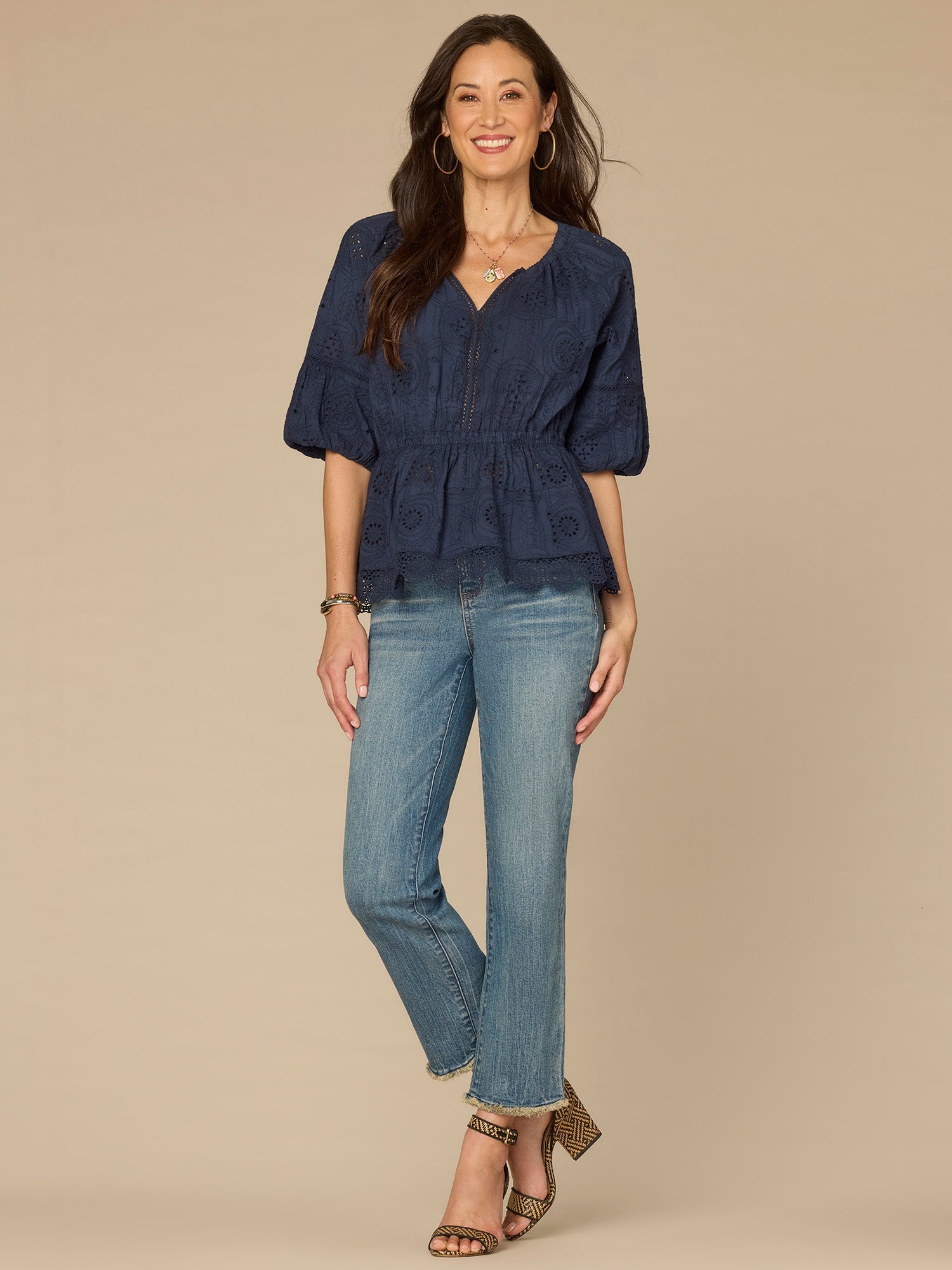 Elbow Bubble Sleeve Ruffle Split Neck Crochet Peplum Woven Top