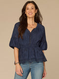Elbow Bubble Sleeve Ruffle Split Neck Crochet Peplum Woven Top