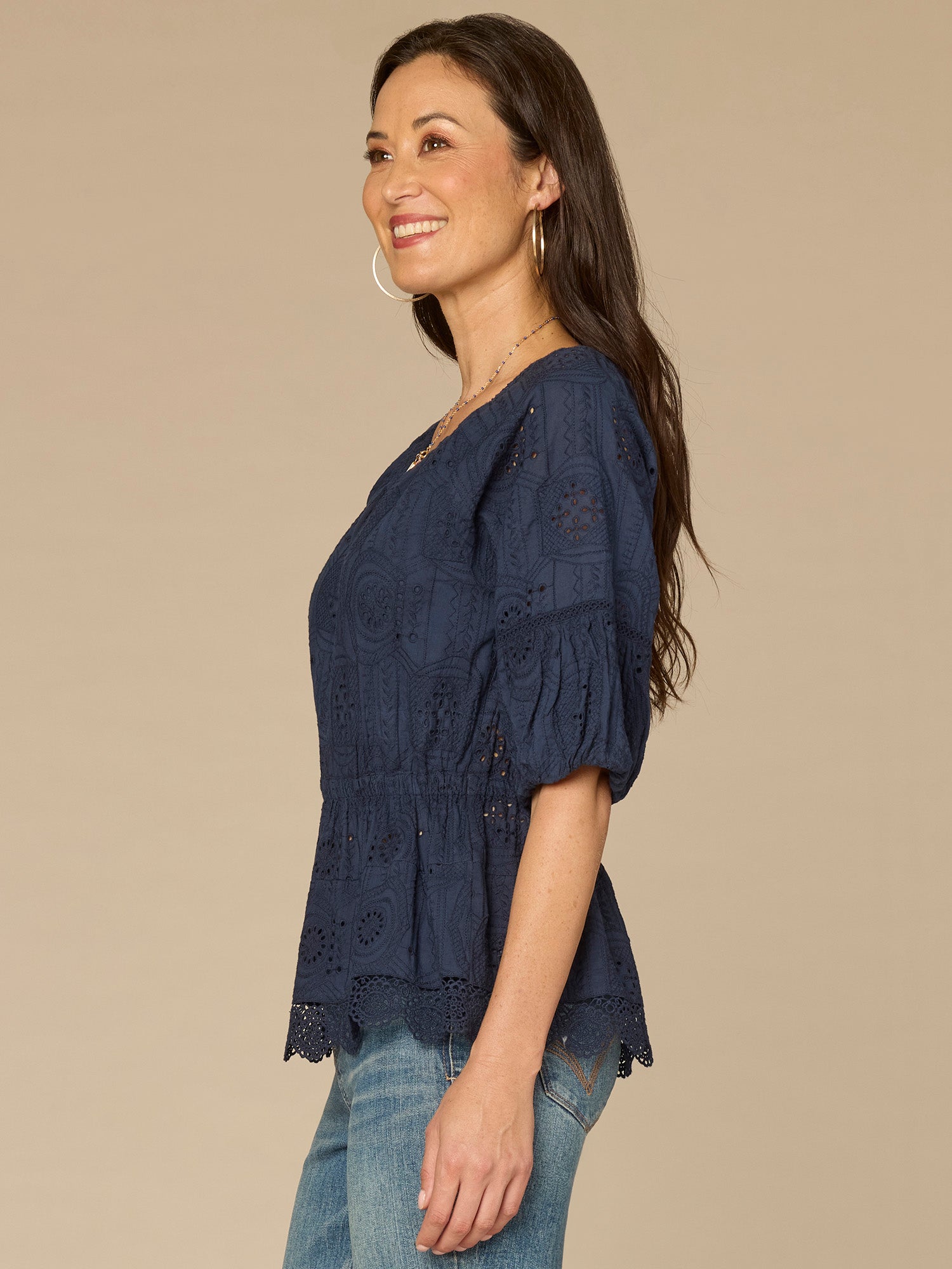 Elbow Bubble Sleeve Ruffle Split Neck Crochet Peplum Petite Woven Top