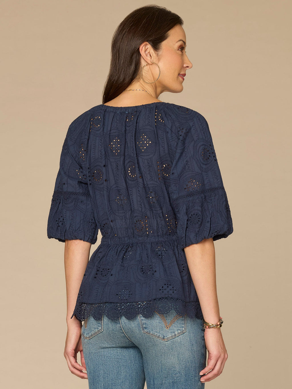 Elbow Bubble Sleeve Ruffle Split Neck Crochet Peplum Woven Top