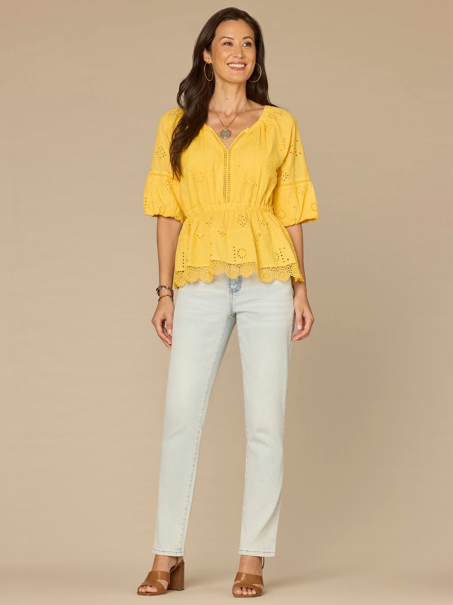 Elbow Bubble Sleeve Ruffle Split Neck Crochet Peplum Woven Top