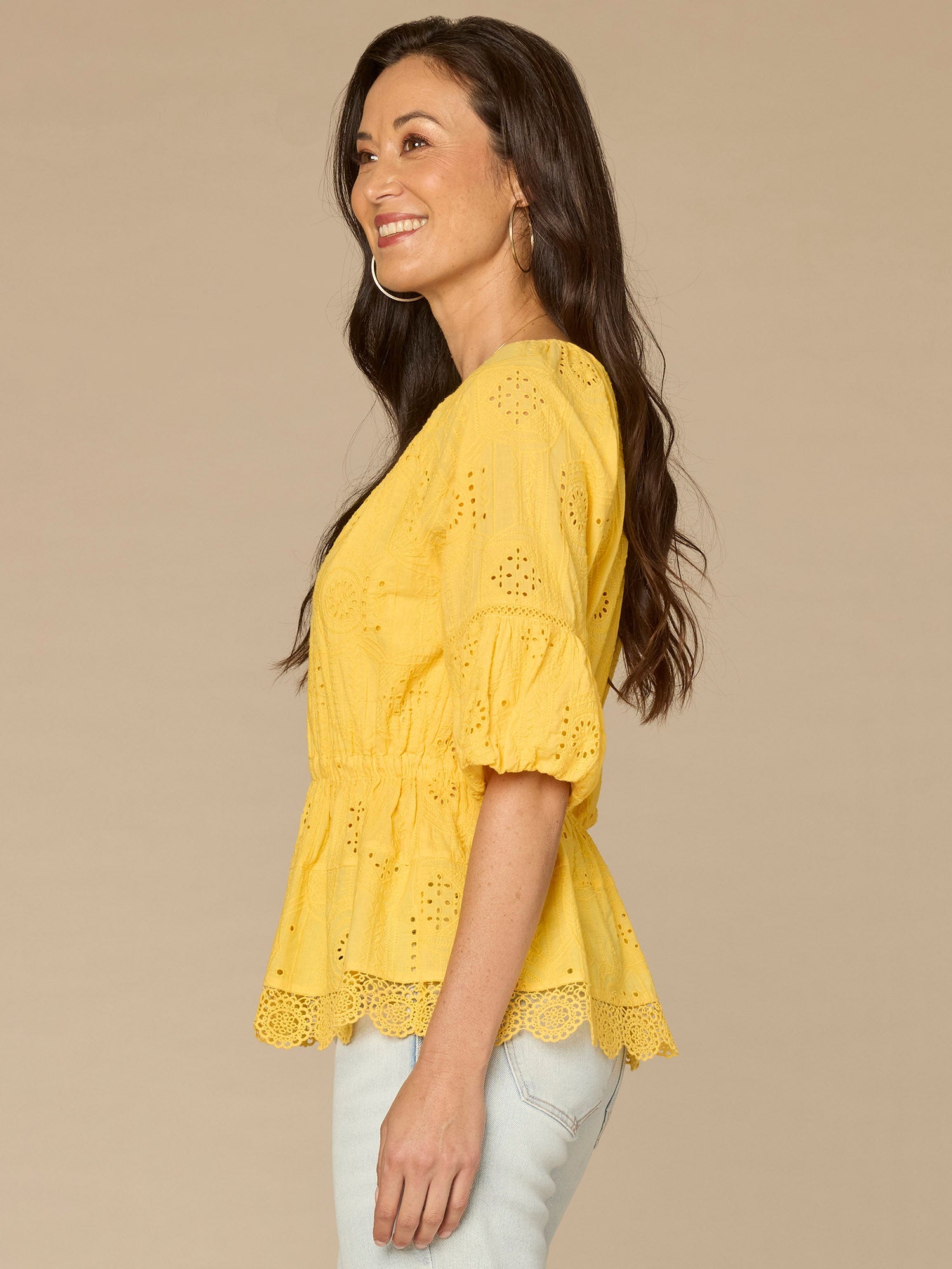 Elbow Bubble Sleeve Ruffle Split Neck Crochet Peplum Woven Top