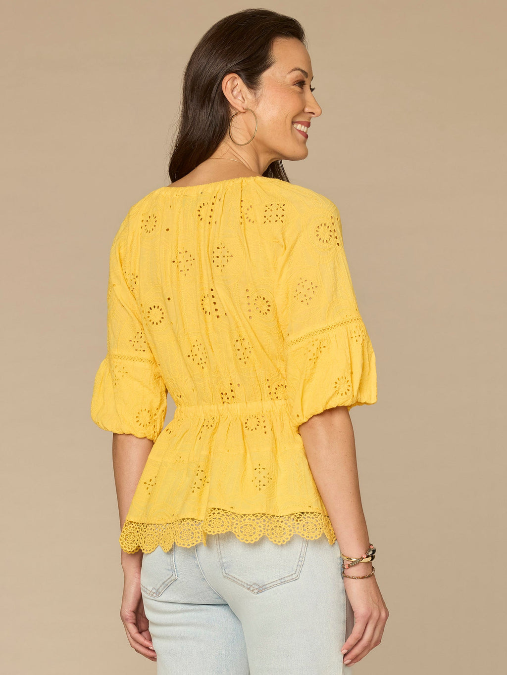 Elbow Bubble Sleeve Ruffle Split Neck Crochet Peplum Woven Top