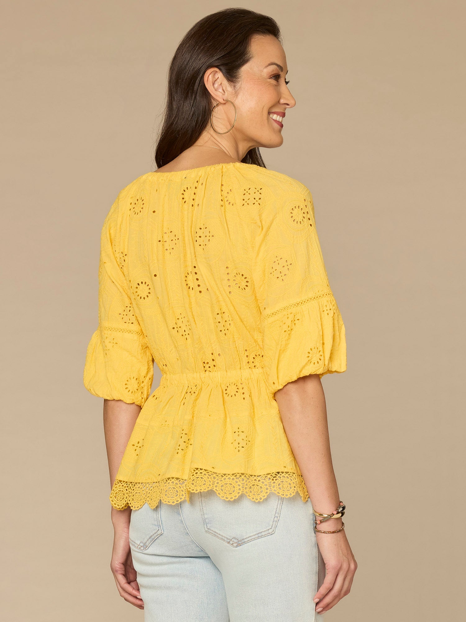 Elbow Bubble Sleeve Ruffle Split Neck Crochet Peplum Woven Top