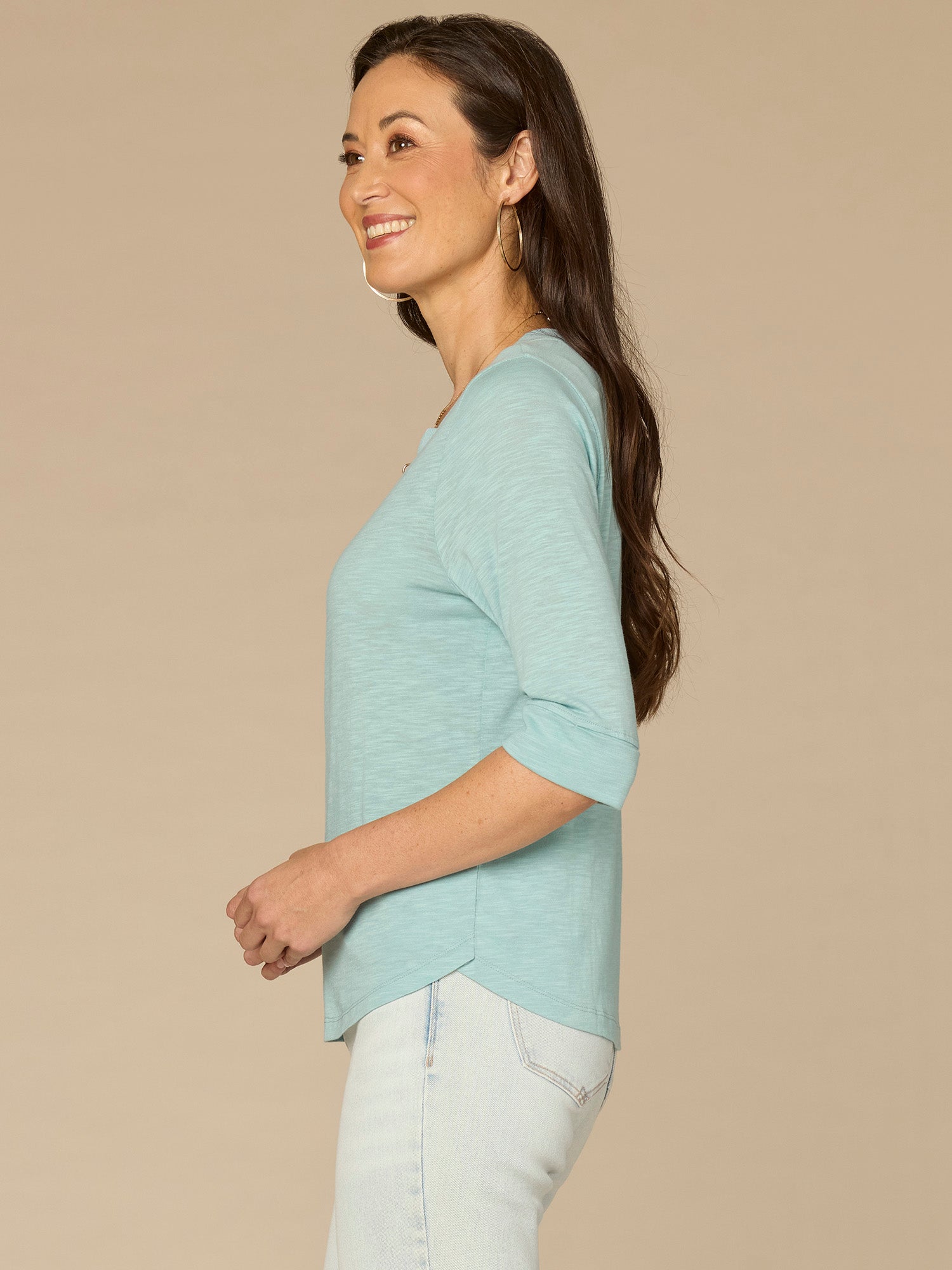 Elbow Roll Cuff Sleeve Round Split Neck Surplus Hem Petite Knit Top