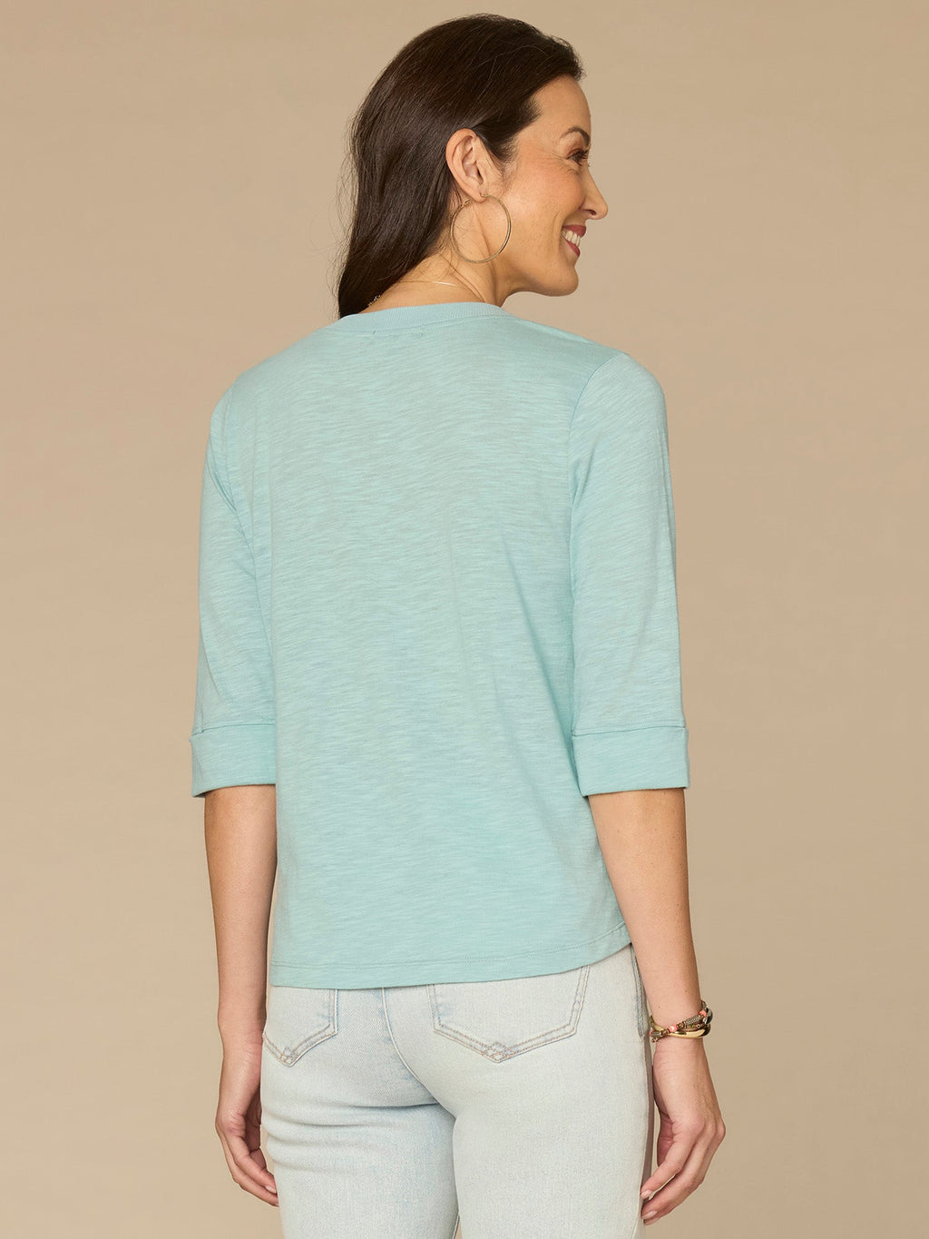 Elbow Roll Cuff Sleeve Round Split Neck Surplus Hem Petite Knit Top