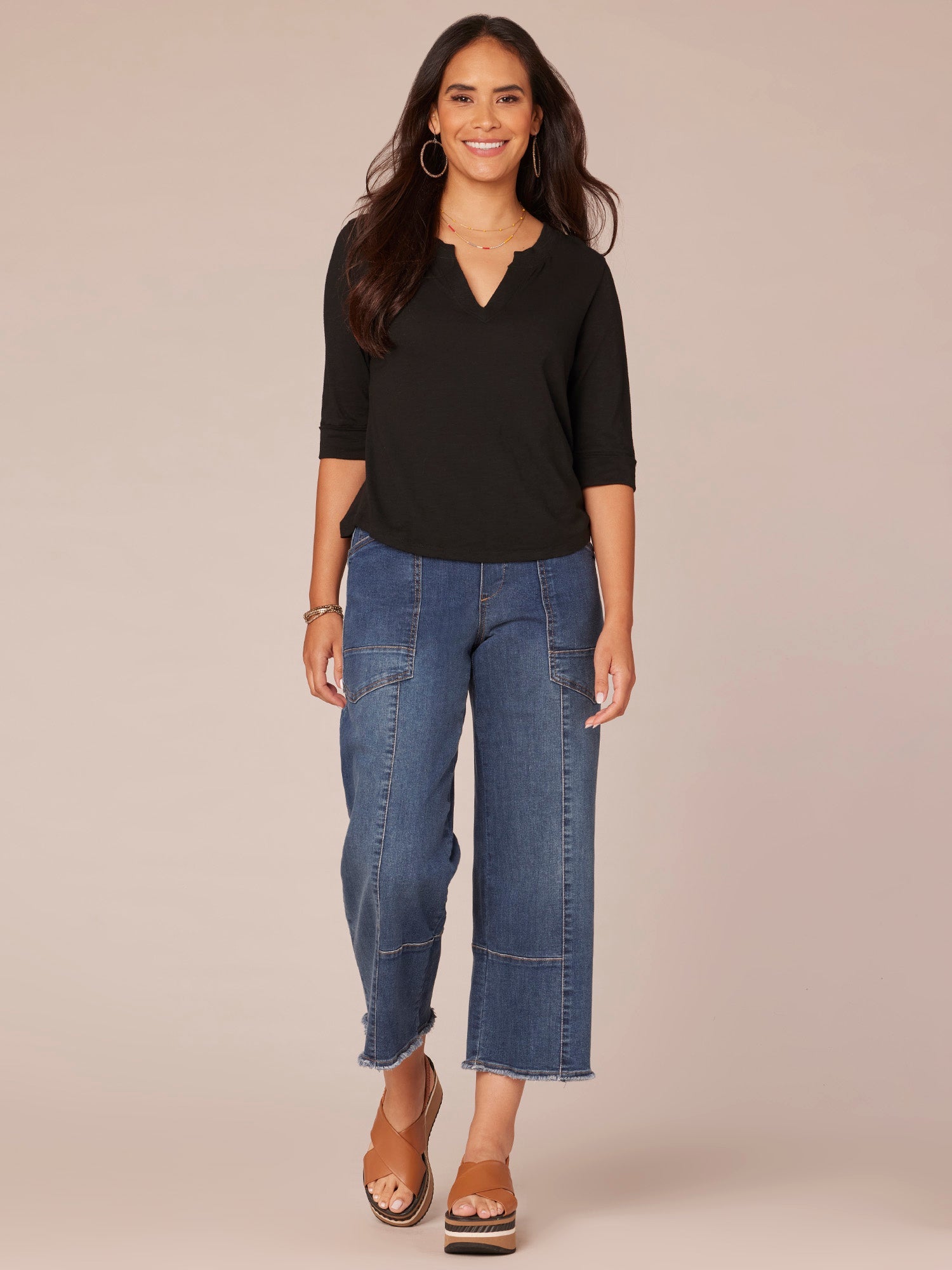 Elbow Roll Cuff Sleeve Round Split Neck Surplus Hem Petite Knit Top
