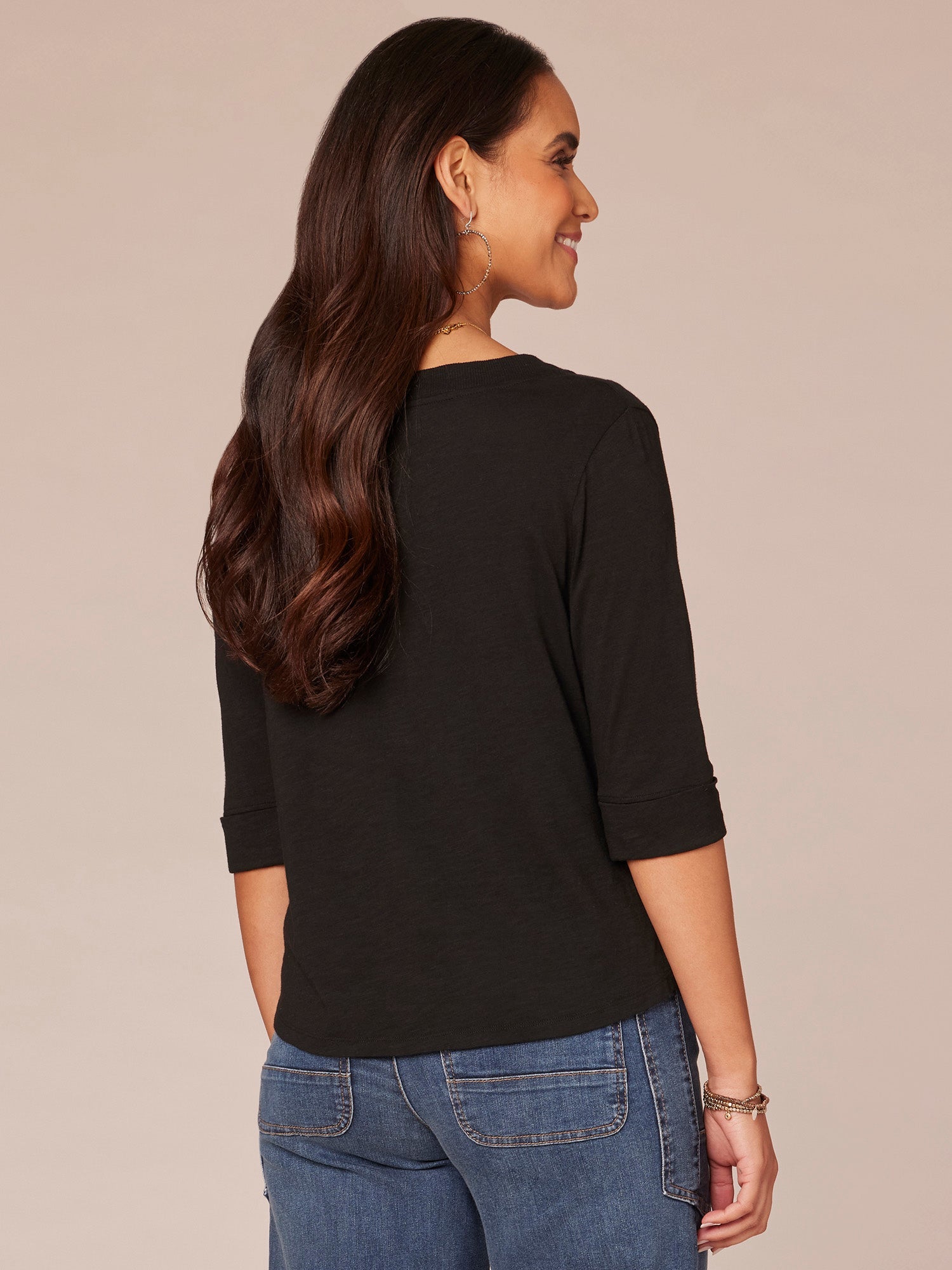 Elbow Roll Cuff Sleeve Split V Neck Surplus Hem Knit Top