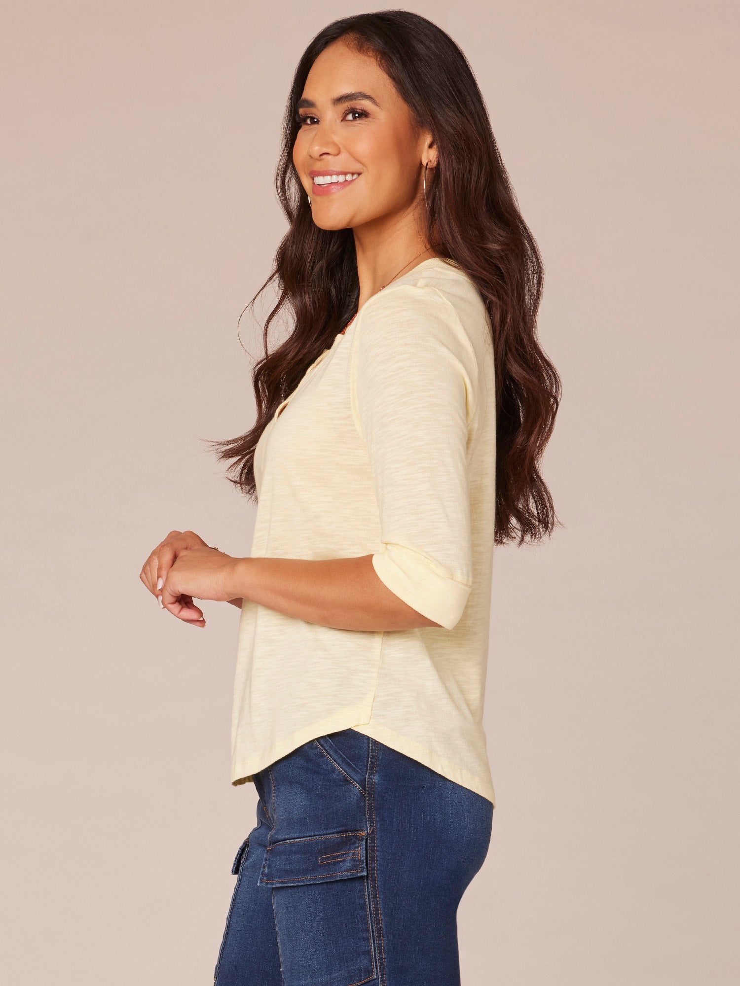 Elbow Roll Cuff Sleeve Split V Neck Surplus Hem Knit Top
