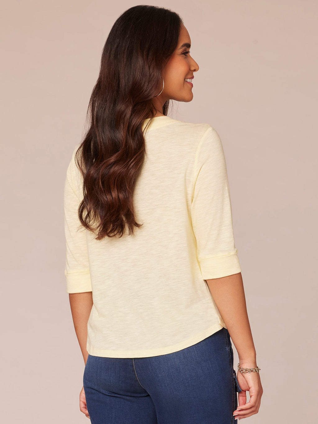 Elbow Roll Cuff Sleeve Split V Neck Surplus Hem Knit Top