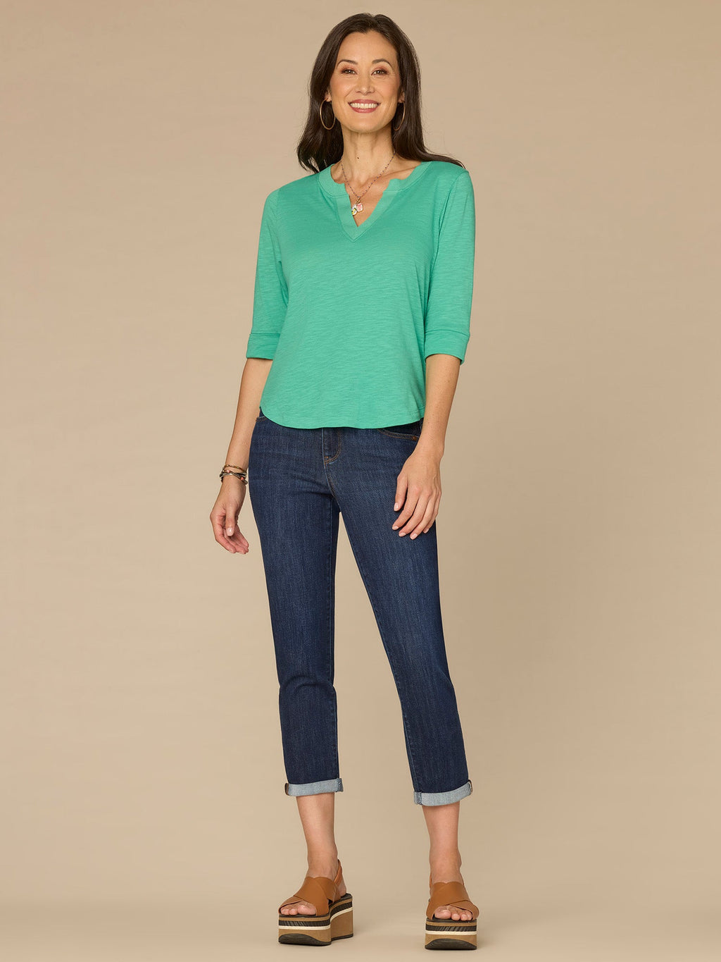 Elbow Roll Cuff Sleeve Split V Neck Surplus Hem Knit Top