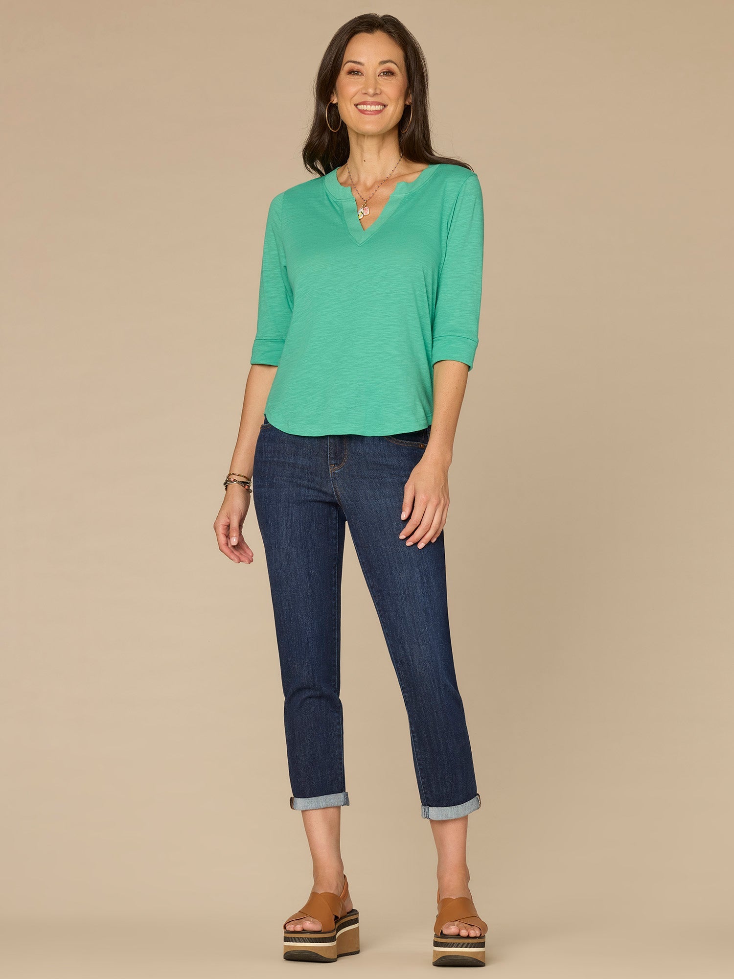 Elbow Roll Cuff Sleeve Split V Neck Surplus Hem Knit Top