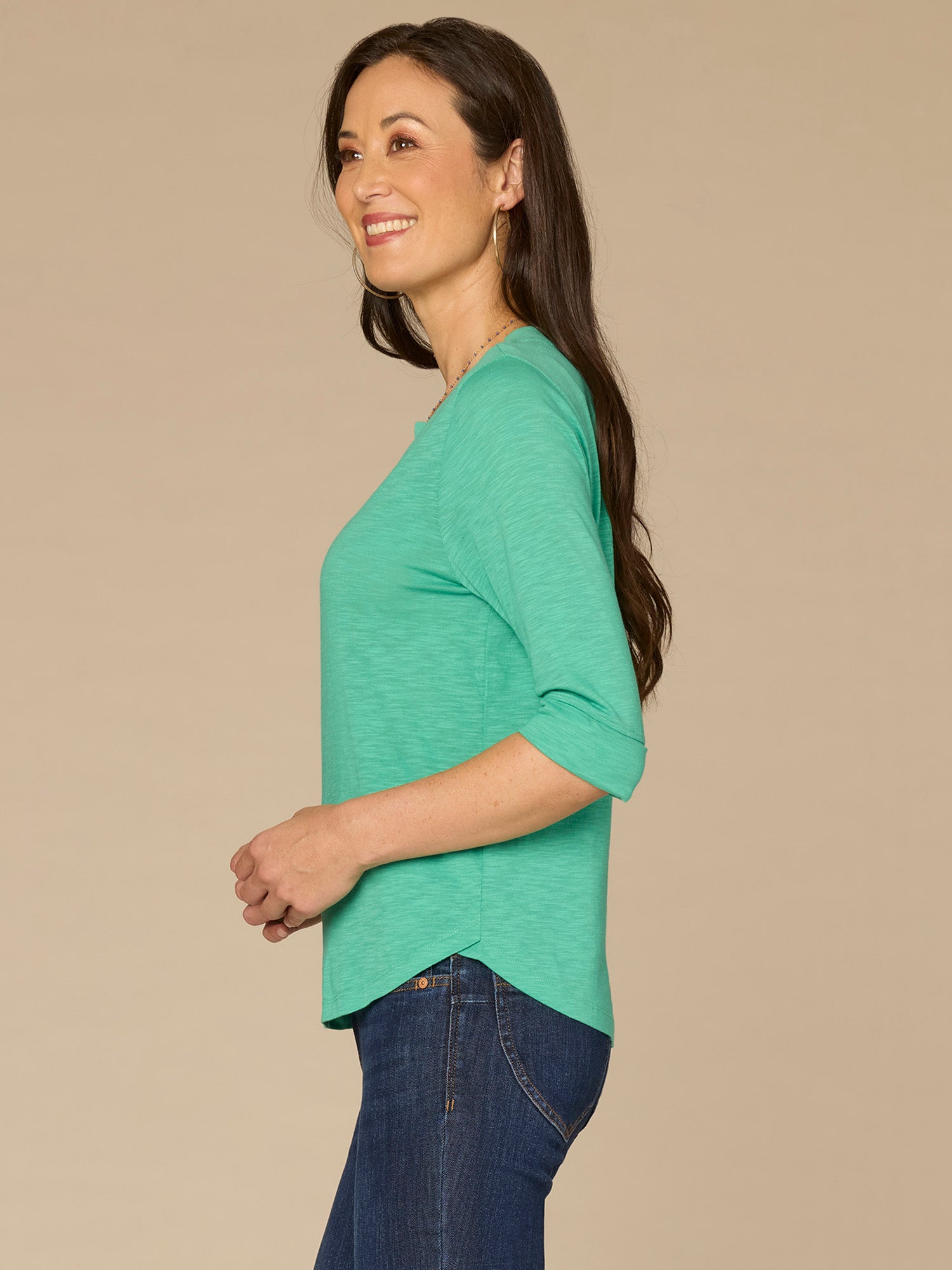 Elbow Roll Cuff Sleeve Round Split Neck Surplus Hem Petite Knit Top