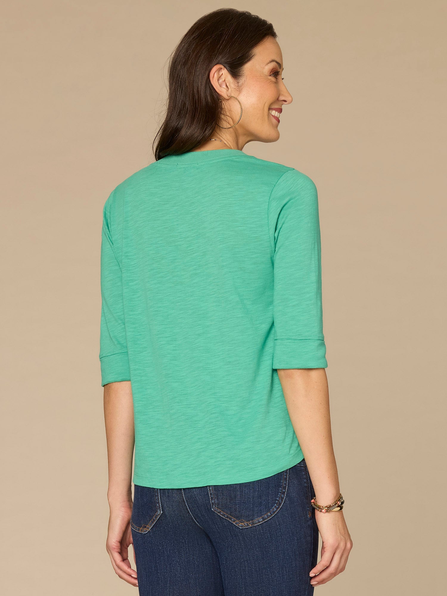 Elbow Roll Cuff Sleeve Round Split Neck Surplus Hem Petite Knit Top