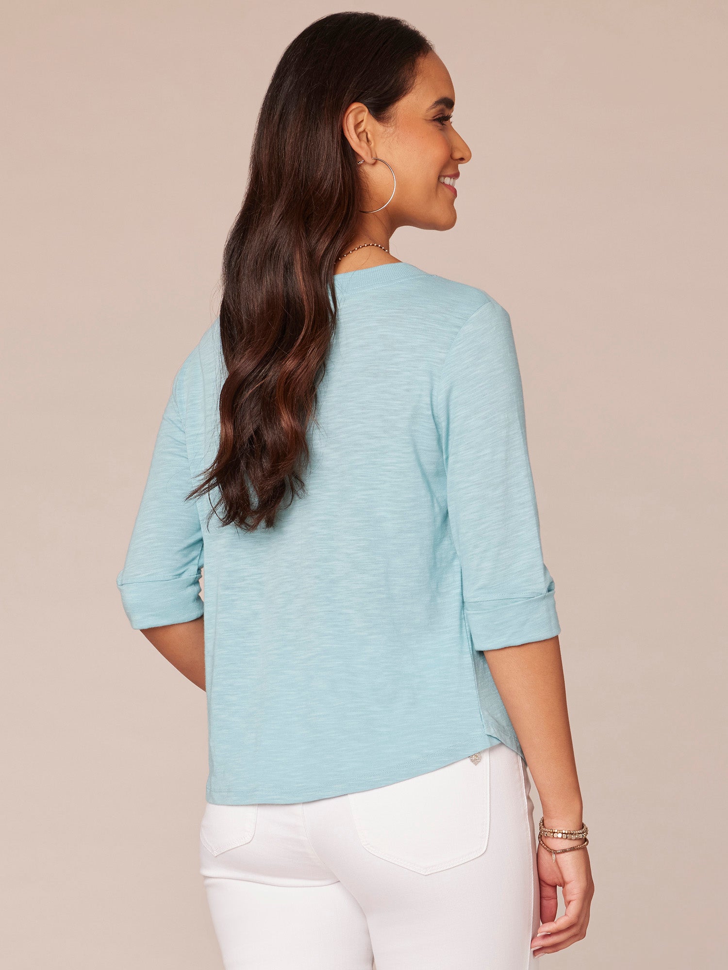 Elbow Roll Cuff Sleeve Round Split Neck Surplus Hem Petite Knit Top