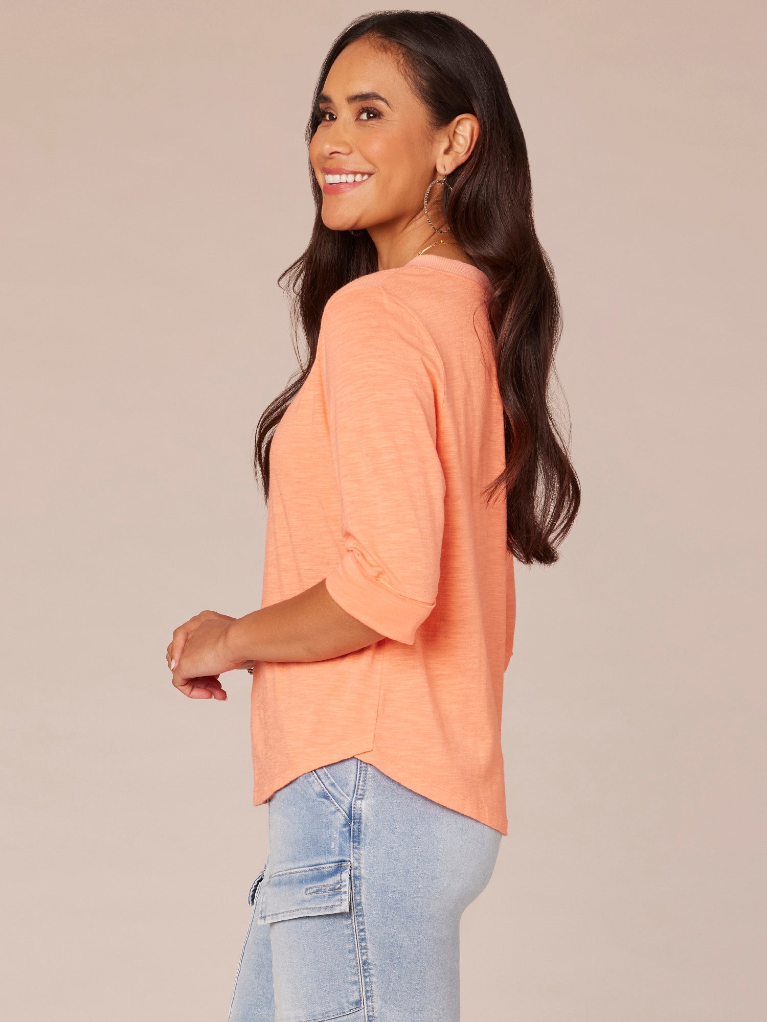 Elbow Roll Cuff Sleeve Split V Neck Surplus Hem Knit Top