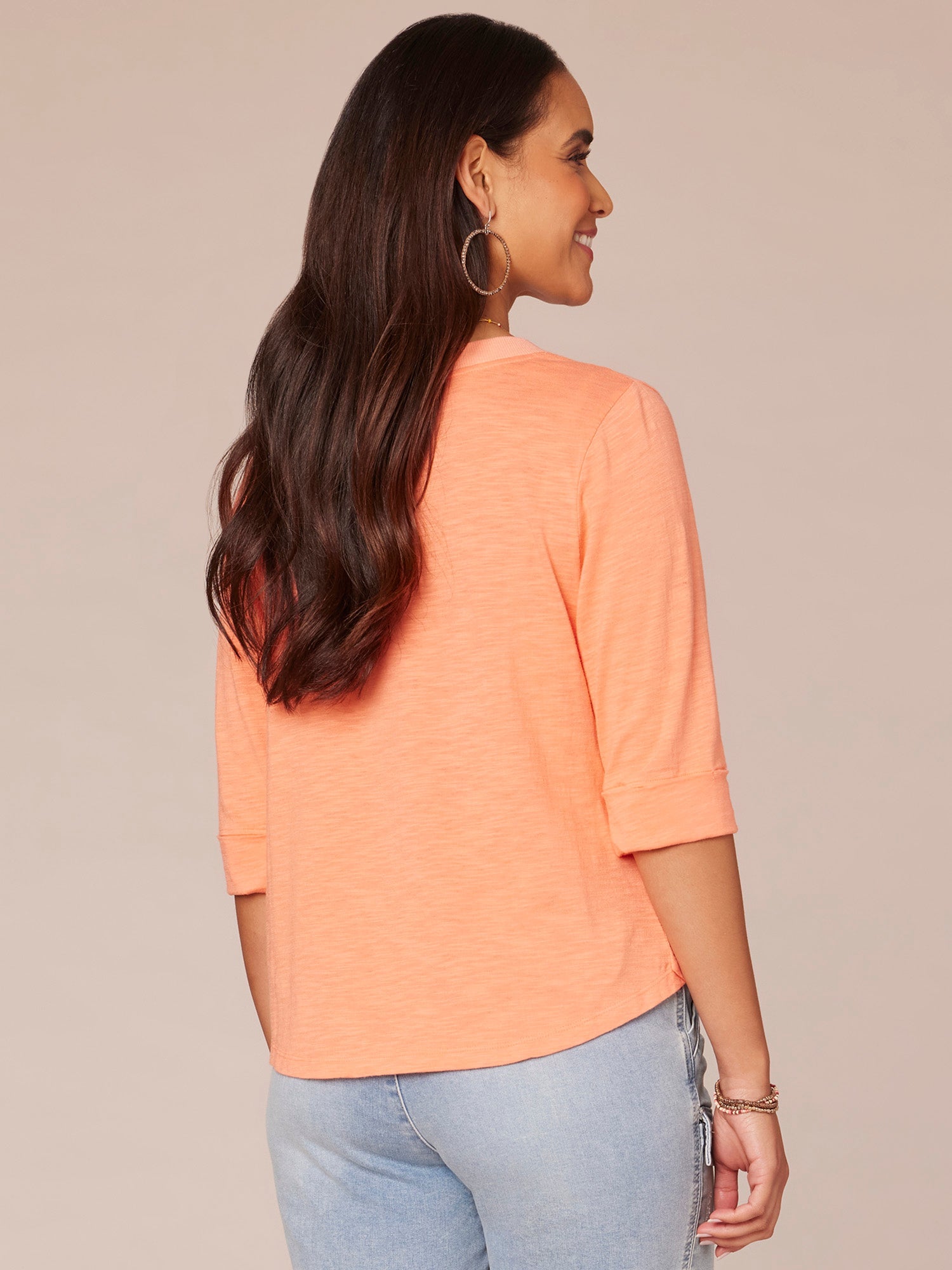 Elbow Roll Cuff Sleeve Split V Neck Surplus Hem Knit Top