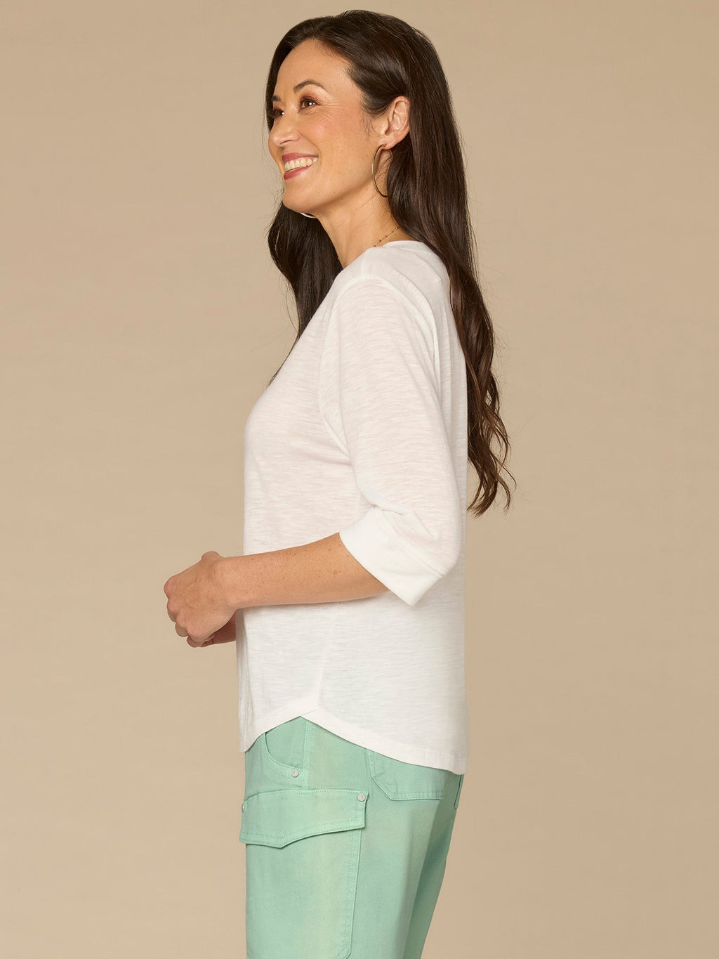 Elbow Roll Cuff Sleeve Split V Neck Surplus Hem Knit Top