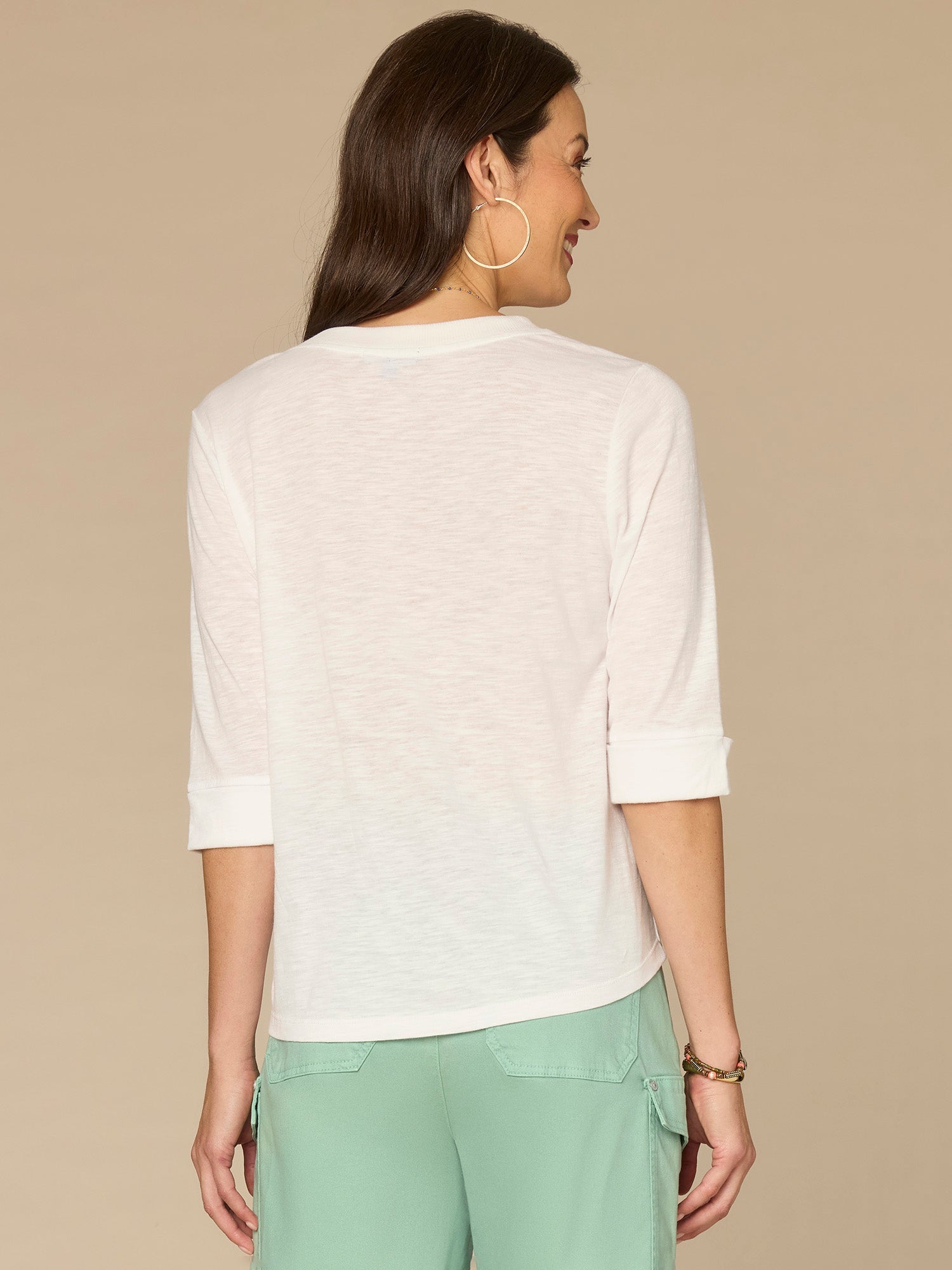 Elbow Roll Cuff Sleeve Split V Neck Surplus Hem Knit Top