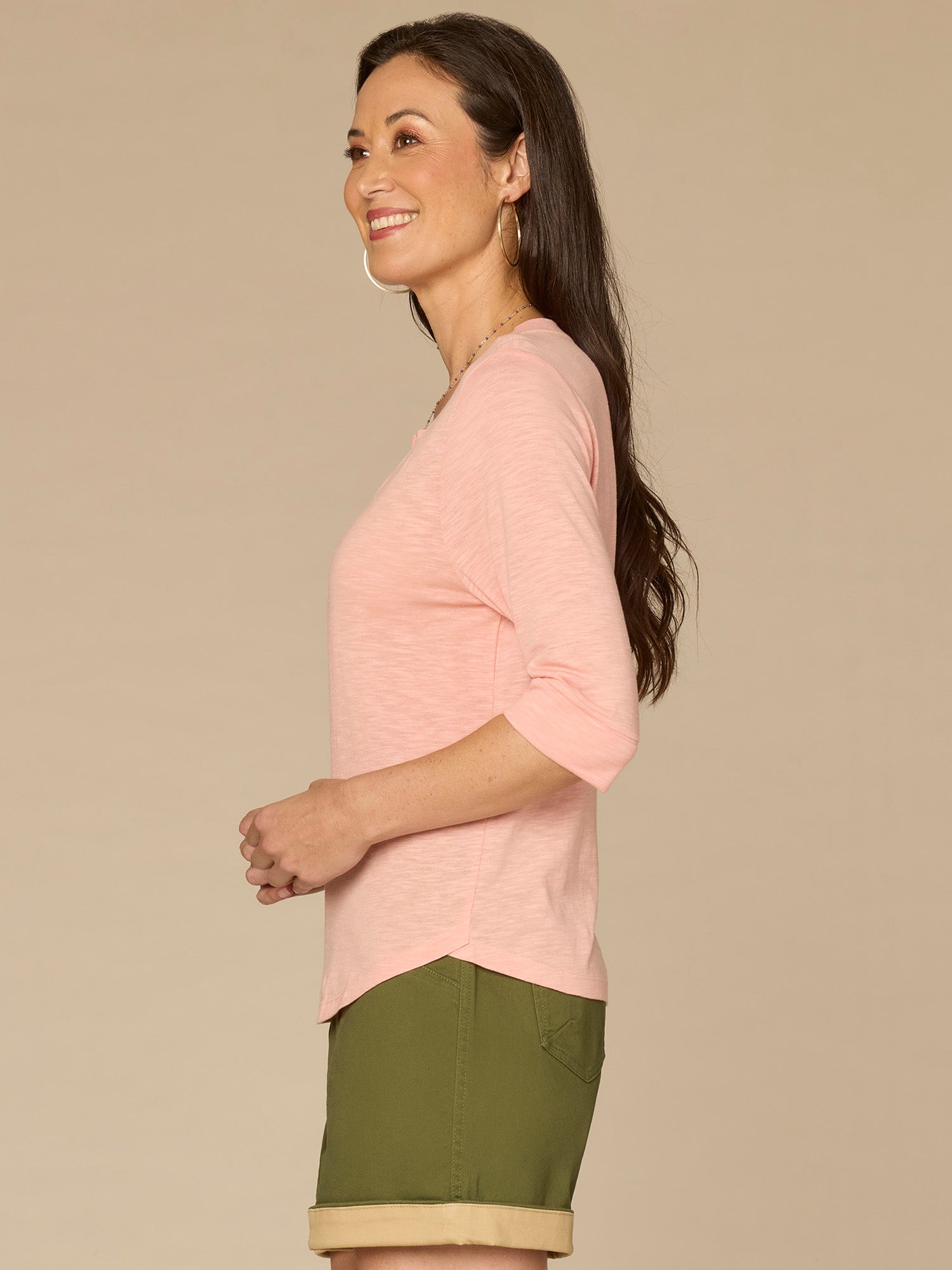 Elbow Roll Cuff Sleeve Split V Neck Surplus Hem Knit Top
