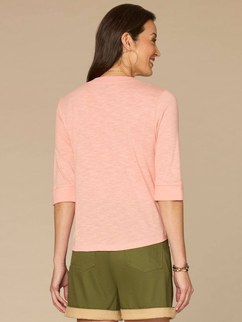 Elbow Roll Cuff Sleeve Split V Neck Surplus Hem Knit Top