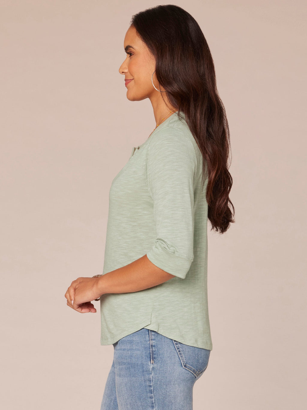 Elbow Roll Cuff Sleeve Split V Neck Surplus Hem Knit Top