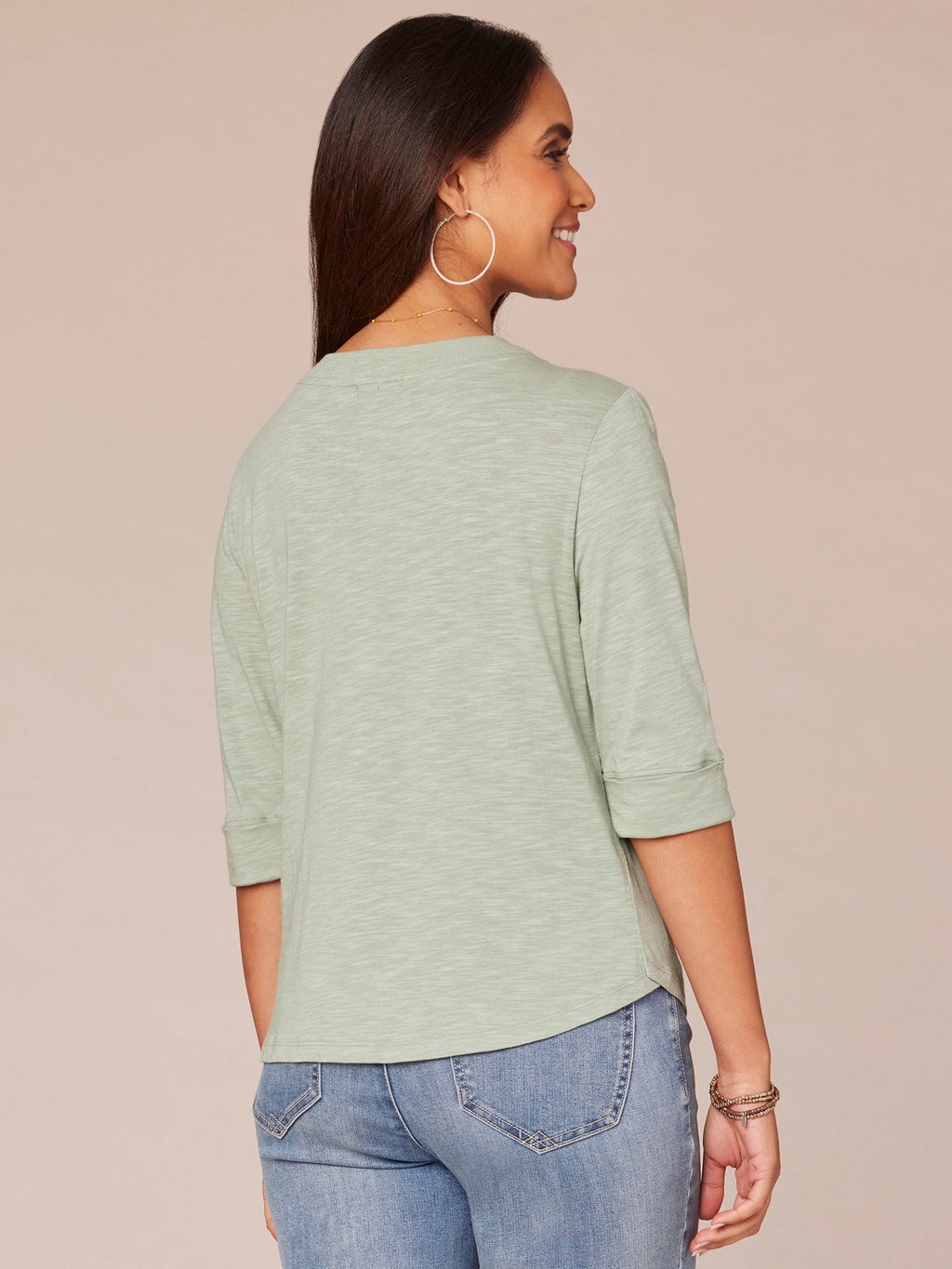 Elbow Roll Cuff Sleeve Split V Neck Surplus Hem Knit Top