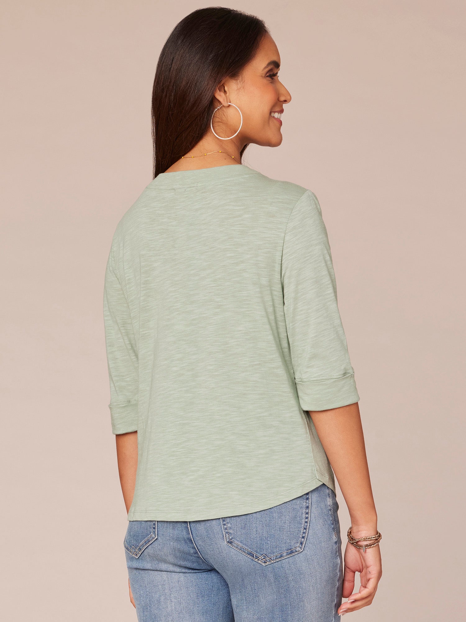 Elbow Roll Cuff Sleeve Split V Neck Surplus Hem Knit Top
