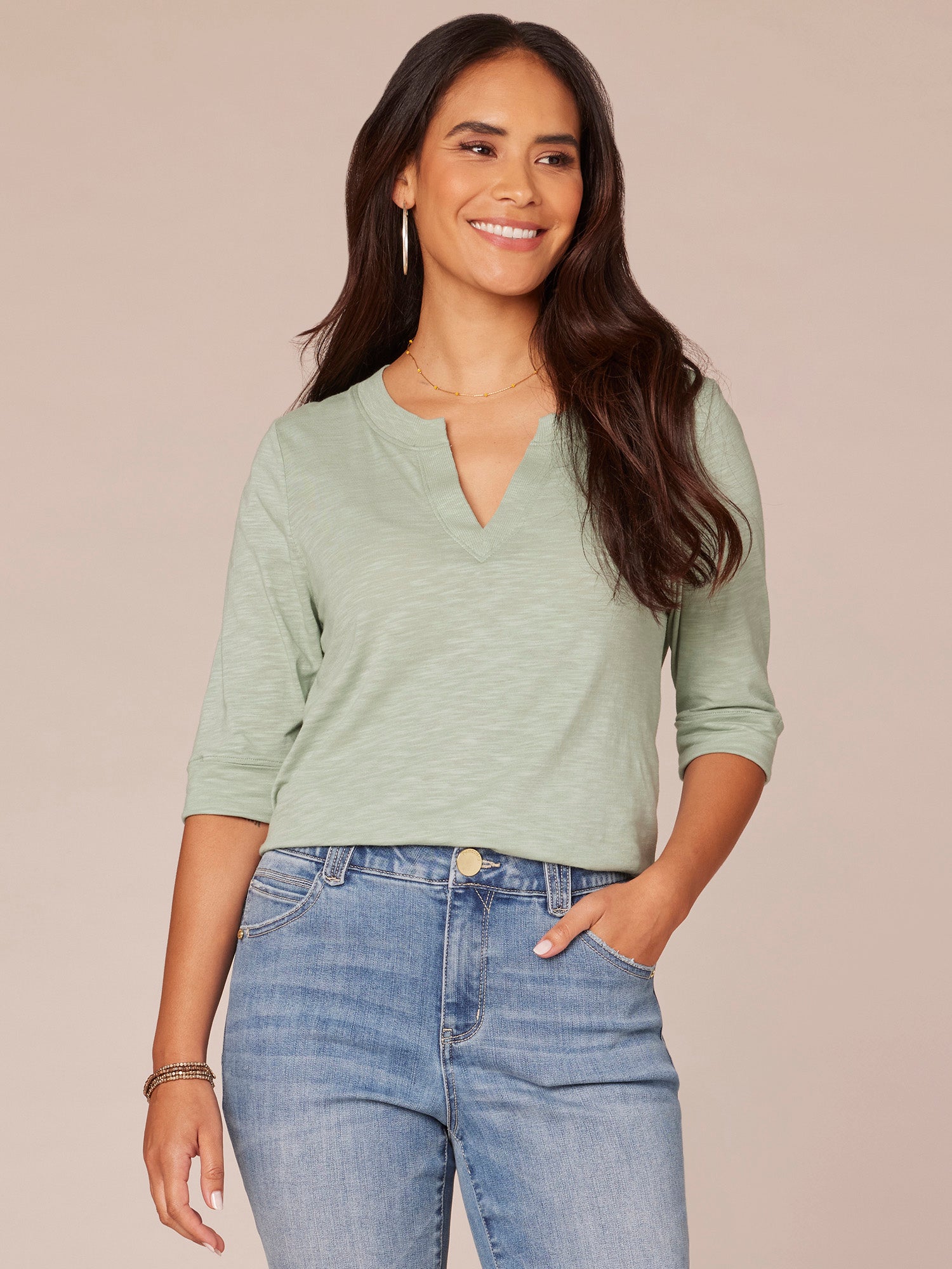 Elbow Roll Cuff Sleeve Split V Neck Surplus Hem Knit Top