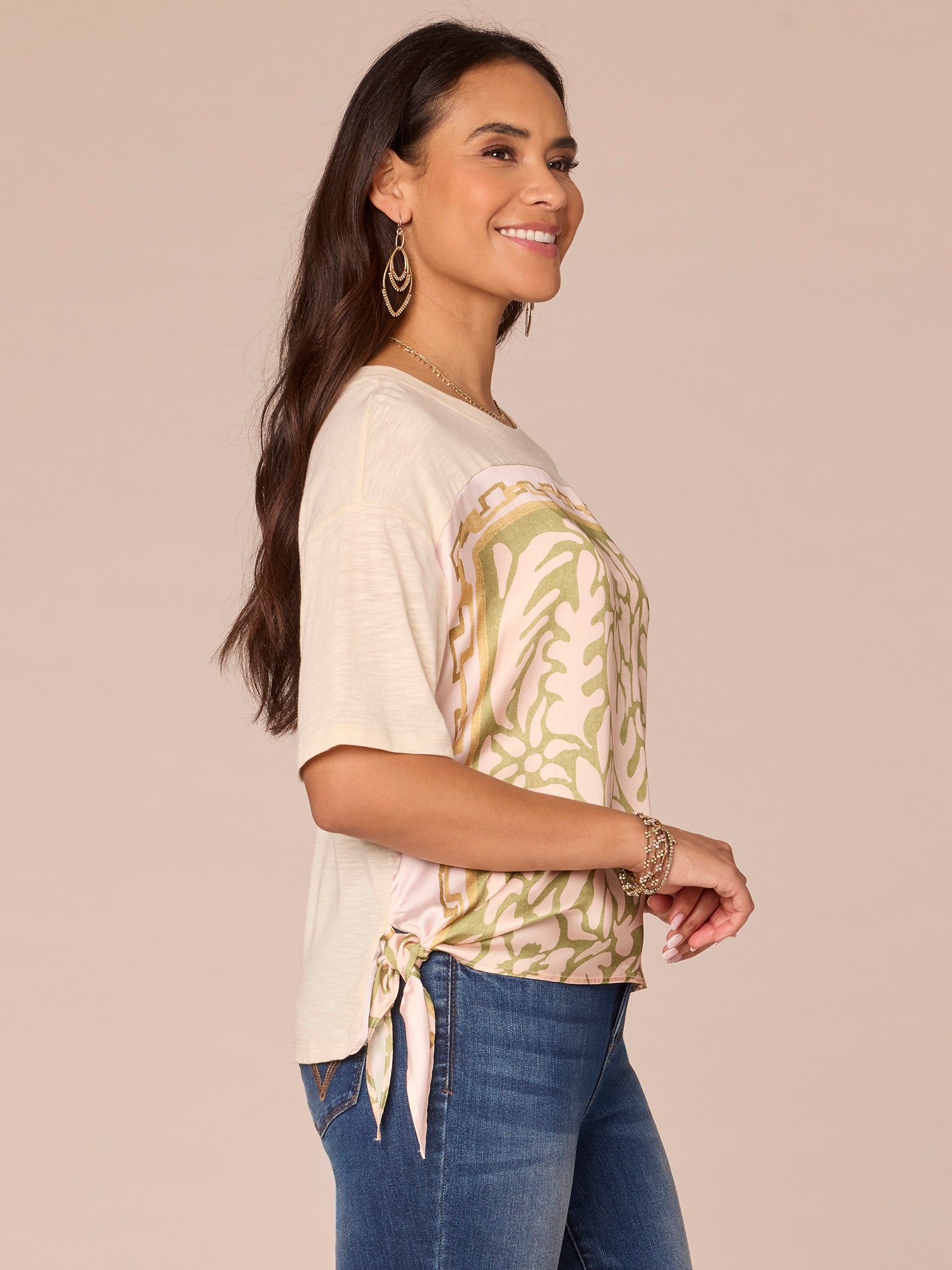 Elbow Sleeve Scoop Neck Side Tie Placement Print Mixed Media Knit Top