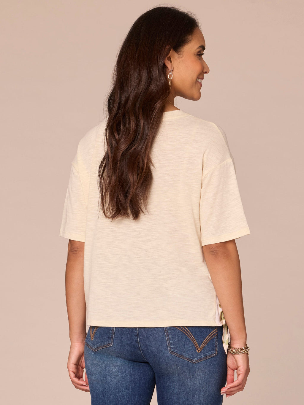 Elbow Sleeve Scoop Neck Side Tie Placement Print Mixed Media Knit Top