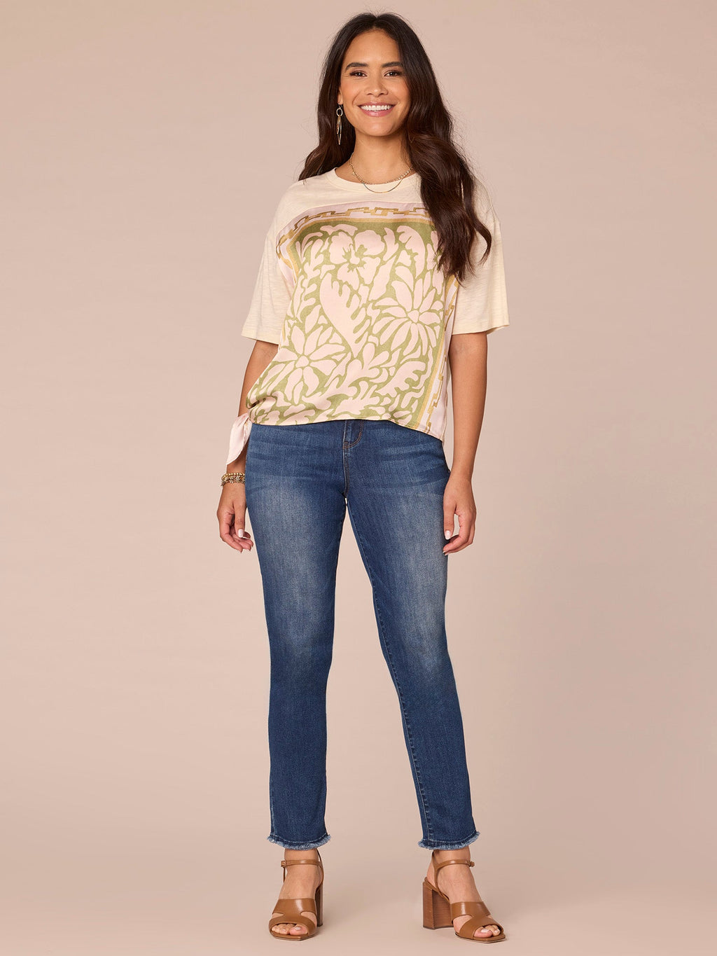 Elbow Sleeve Scoop Neck Side Tie Placement Print Mixed Media Knit Top