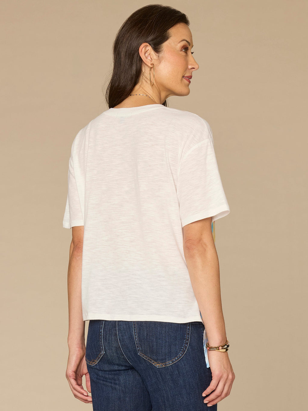Elbow Sleeve Scoop Neck Side Tie Placement Print Mixed Media Knit Top